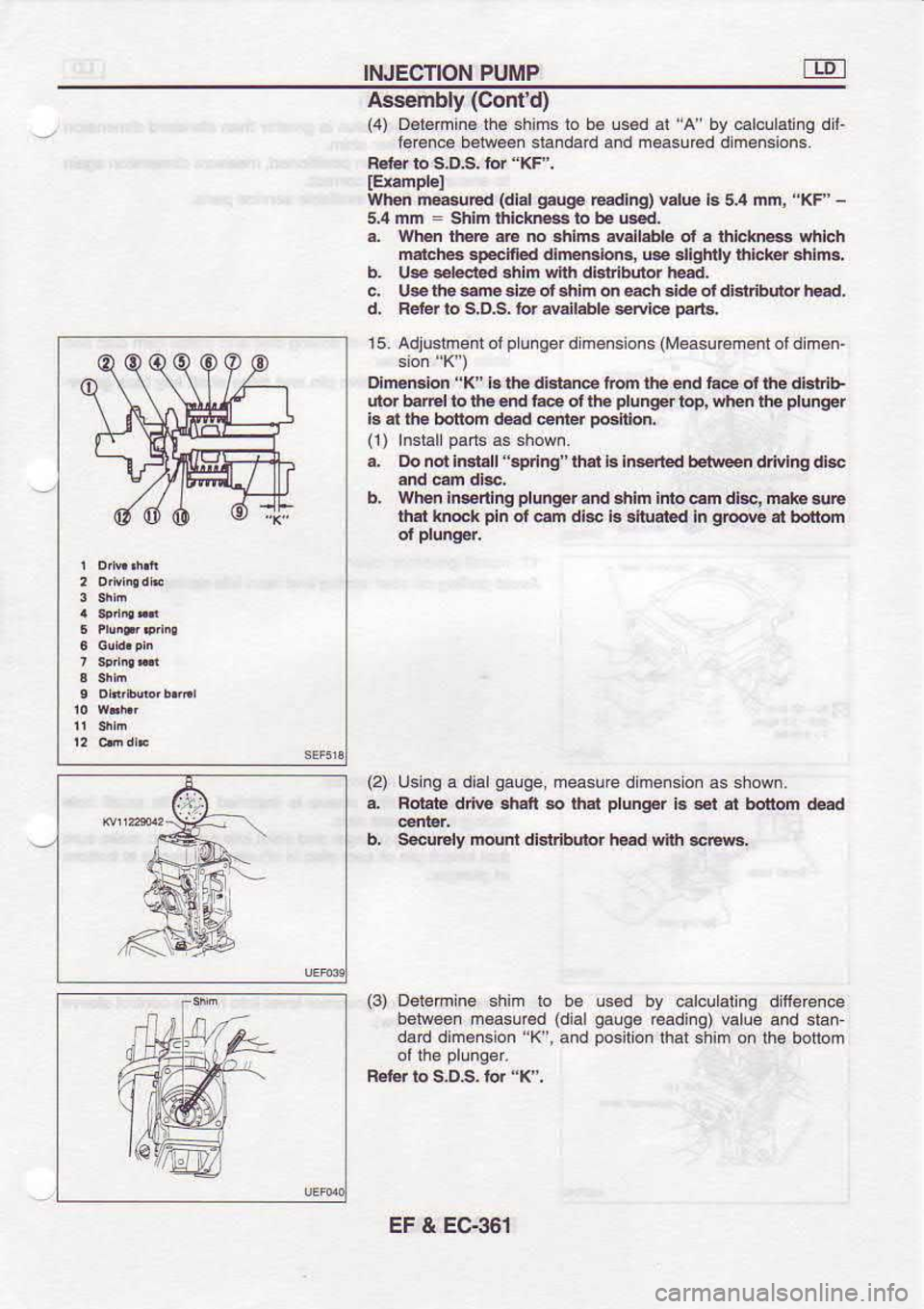 NISSAN SERENA 1993  Service Repair Manual INJECTION 
PUMP
Assembly  (Contd)
(4)  D€t€mi.6  the shims  lo b€  !s6d  al i4 
by €lcllaling  dit-
l6€nc6  b6tw*n  slandad  and m€asu€d  dim€nsion..
When  nr*uEd  (dlal gEugp 
@dng)