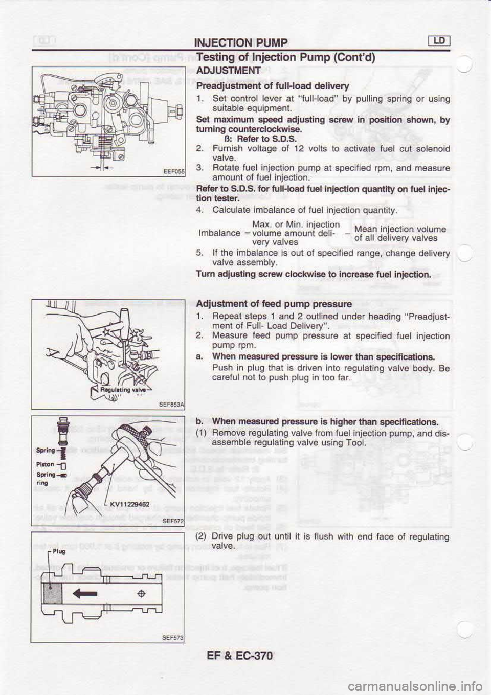 NISSAN SERENA 1993  Service Repair Manual INJECTION 
PUMP
Testing  of Iniection  Pump (Conld)
AI}IUSTMENT
PrEadlustnenr  ol tull.load  d€l|v€ry
1  ,  Set  connol  beer at "lull-l@d   
by  pul 
inq  spnnq  or using
sri  ndhum  8p€€d 
