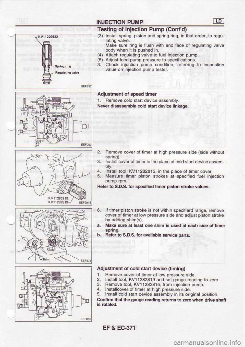NISSAN SERENA 1993  Service Repair Manual INJECTION 
PUMP
Tqning  of Inieclion 
Pump (Cont 
d)
(3)  Instarlsping,  pislon 
and sprinq  ing, n lhal  oder.  lo regu-
Make  slre dnq is llush  with end lace  ol rcgu  aling  €lvo
body  when  it 