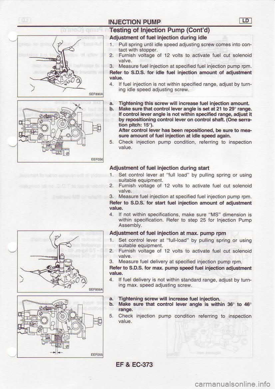 NISSAN SERENA 1993  Service Repair Manual INJECTION 
PUMP
Tesling  of Injection  Pump (Contd)
Adlustnenl  ol tuel  InFctlon 
dudng ldle
1  Plllsp  ng unli  idle speed  adjusli.g  scrcw @hes  into @n-
2.  Funish  vohage 
ol 12  volts  lo acli