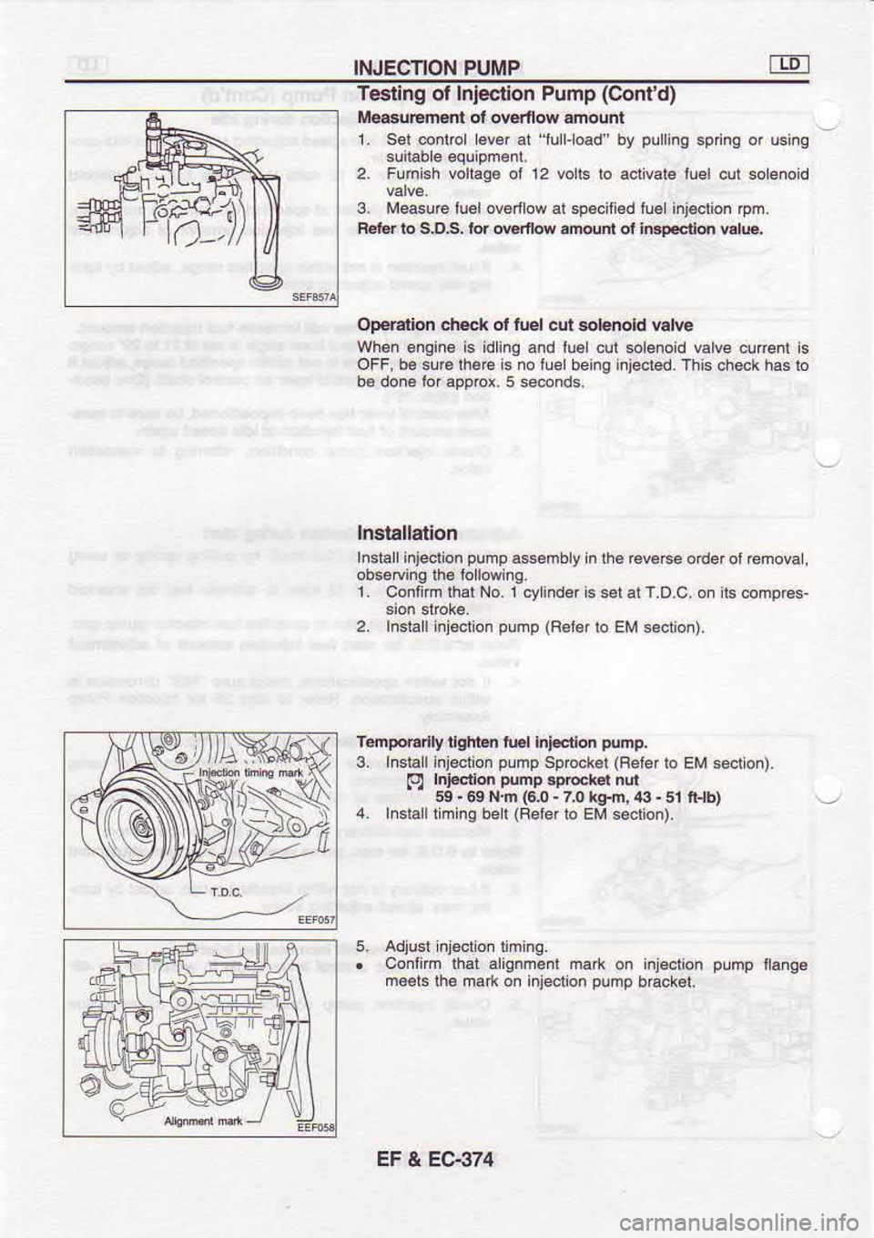 NISSAN SERENA 1993  Service Repair Manual INJECTION 
PUMP
Tesling  oI Iniecdon  Pump (Contd)
Mg€sur€m€nl  ol ov€rnow  atnount
1.  Sel  @nlol  levef al lullload" 
by pullng 
sprng or usinq
2.  Flhish  voliag€ 
ol 12 
volt. 
to actv