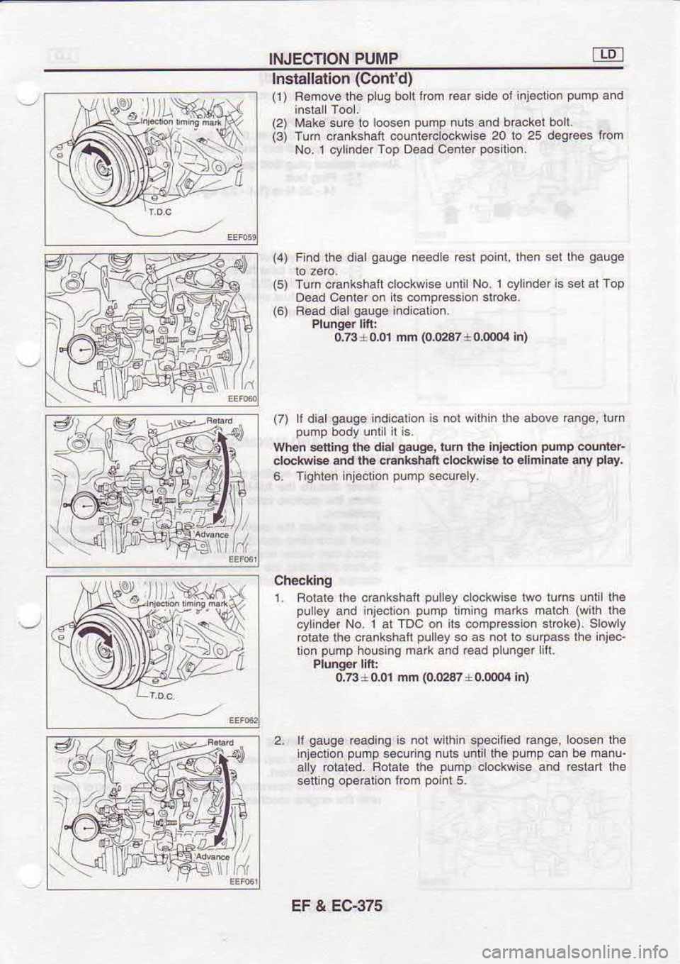 NISSAN SERENA 1993  Service Repair Manual INJECTION 
PUMP
l9 lnstallation 
(Contd)
(1)  F€mov6lhe  plug 
bol lrom  ear sid€ 
of inl€cllon  pump 
a.d
(2)  Mak€  suf€ to loosen  pump 
nuls and tack€l  boll.
(3)  Tum  chnkstuft  cou