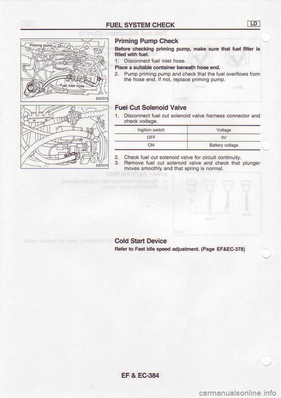 NISSAN SERENA 1993  Service Repair Manual FUEL 
SYSTEM  CHECK
Primlng  Pump Check
8610€  dreldng  pdming 
punp, 
nake 3ue lhat tuel fller  is
1.  Disonnectlu6l  nl€t hos6.
Ple.  $-bbL  @ liB  b€@rh  h@ sd.
2.  Pump  pr 
ming  pump 
and