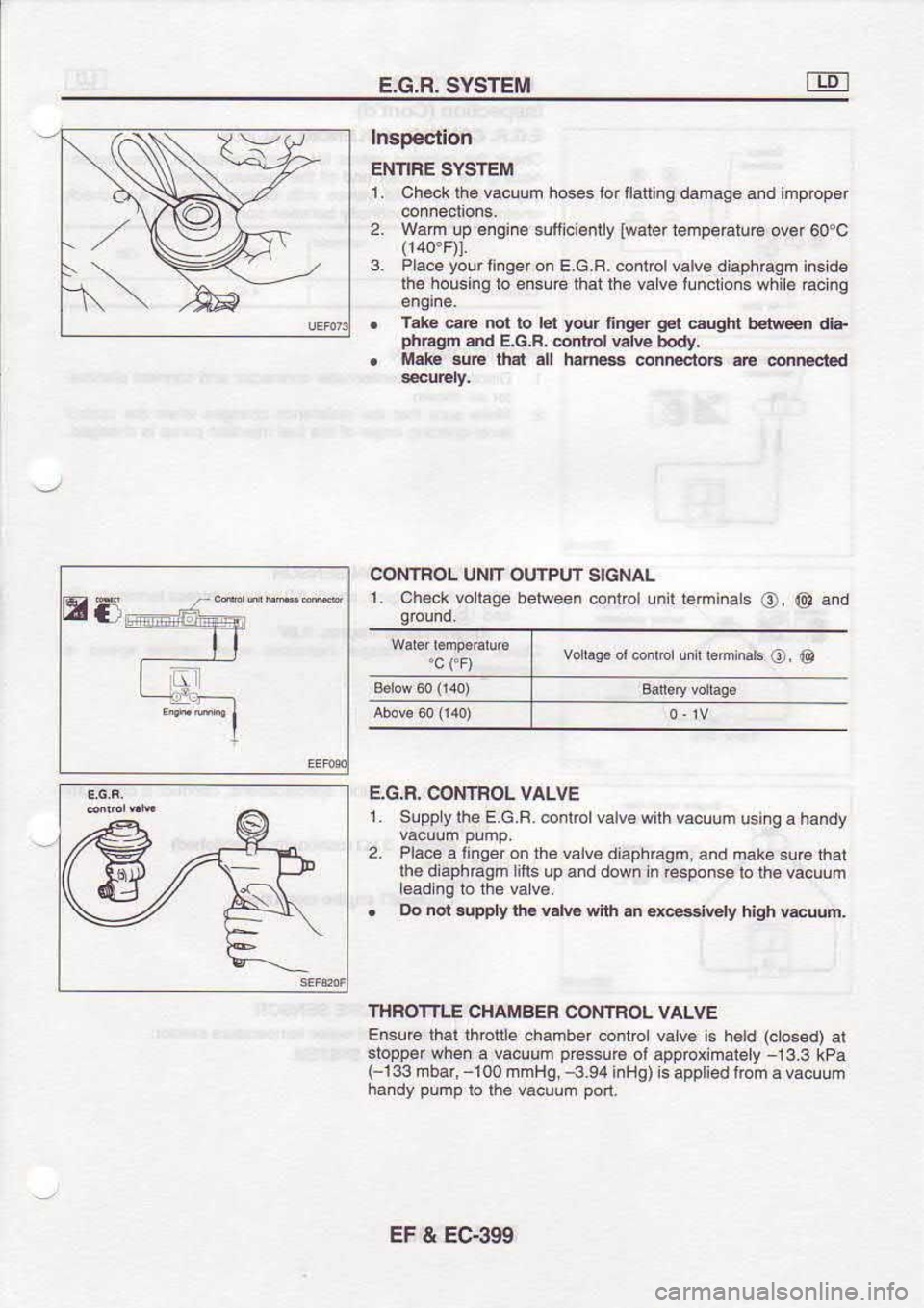 NISSAN SERENA 1993  Service Repair Manual E.G.R. 
SYSTEM
Inspeclion
ENNFE  SYSTEM
1.  C h€ck  lhe vacuum  hoses Io r llatting  damaqe  snd m prop6r
2.  w.m  up €ngine 
s!fiici€nlly 
lwatertenperatu.6  ovor 
60oc
3.  Placa  yow 
tinger  