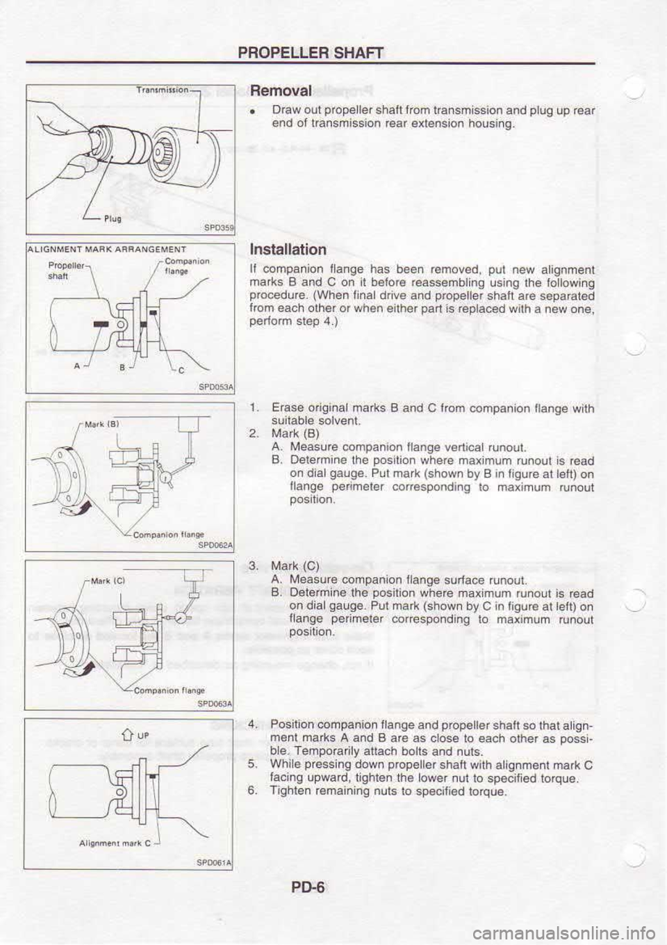 NISSAN SERENA 1993  Service Repair Manual PROPELLEB 
SHAFT
or Bemoval
.  Drawoutprop€ll6rshaftibm  lEnsmission 
and p 
ug  up @ar
€nd  oftEnsmission 
rcar extension  housing.
Installation
li  companion  lange has b€en  Emoved,  put 
new