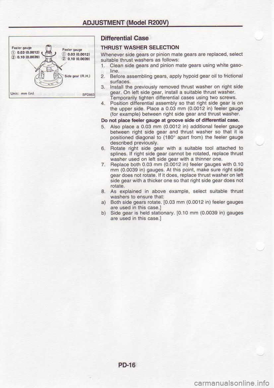 NISSAN SERENA 1993  Service Repair Manual ADJUSTMENT
Model 
R200
Differenlial  Case
IHFUST  WASHER  SELECTION
whenever  side qearc 
of pinio. 
male gea6 
are replaced,  56 
€ct
suitab  e lhrusl  w4hers  as lo 
lows:
1  Clean  side g€aB 
a