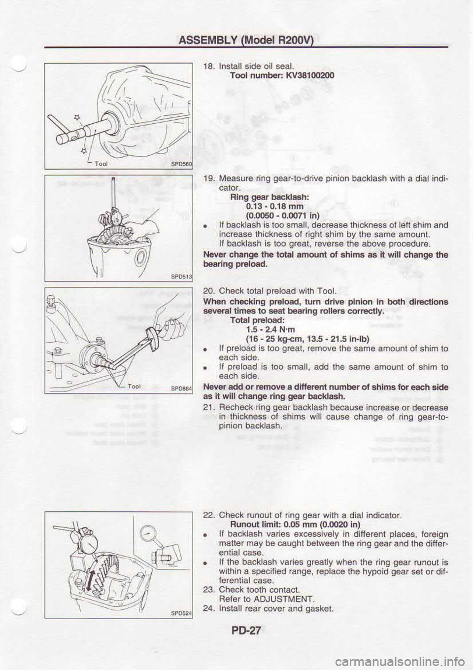 NISSAN SERENA 1993  Service Repair Manual ASSEMBLY 
(Model 
R2m\4
T@l  number:  Kw4100200
1S.  tr€asu€  n9 ge.rlo.dfve 
pinion 
ba.klash  with 
a dialindl-
Ring  gd 
b€.ld$h:
0,i3-  0.14 mm
(0.@50  - 
o.@7r  h)
.  ll 
backlash  is too 