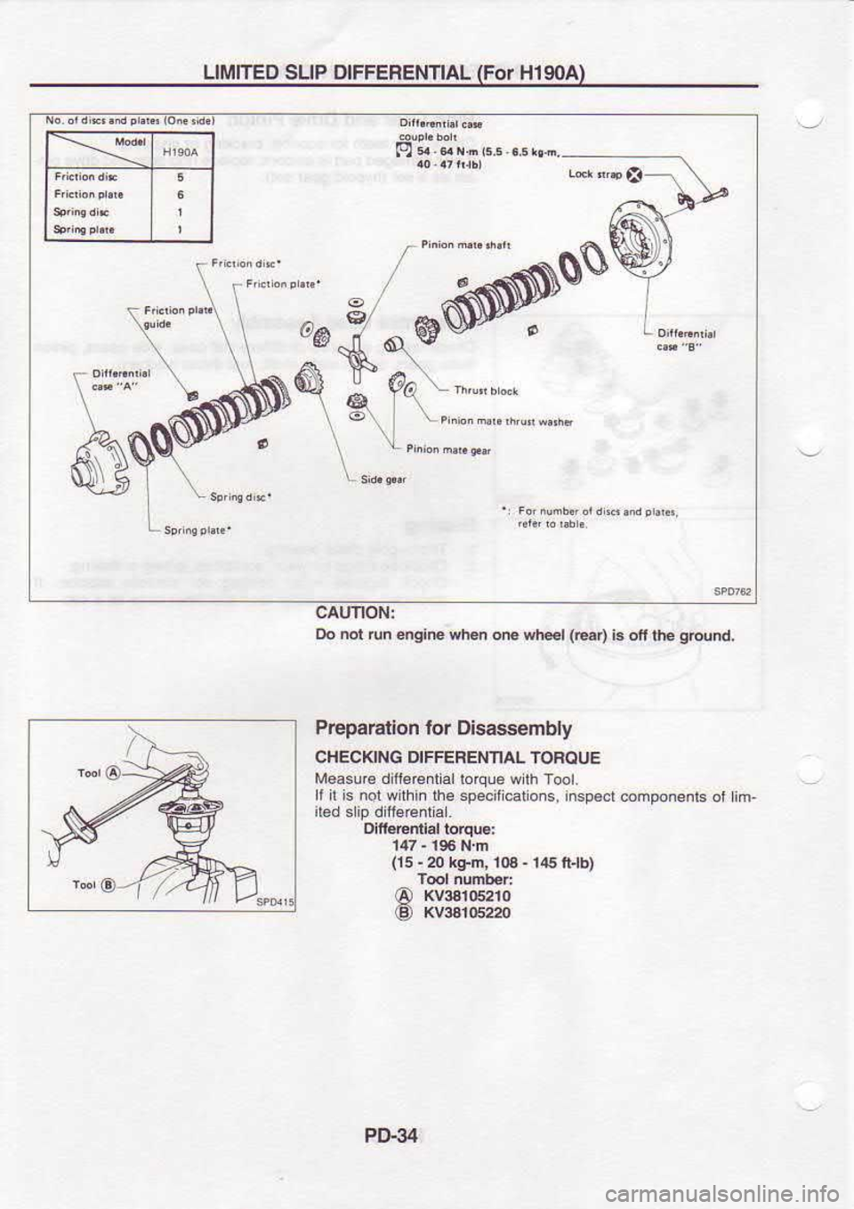 NISSAN SERENA 1993  Service Repair Manual LIMITEO 
SLIP DIFFEFENTIAL  (For 
Hl9OA)
bd@ caunoN:
Do  n.d 
tun edre  wh6n on. wh.€l  (84 
|3 of  the  gburld.
PEpa6tion  for Disassembly
CHECKING  DIFFERENIAL  TOBOUE
lr€asur6  ditta€ntial 