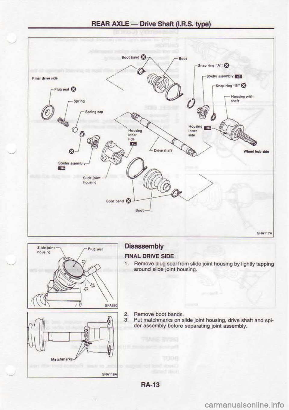 NISSAN SERENA 1993  Service Repair Manual REAF 
AXLE - 
Drive  Shaft 
0.R.S.  type)
r
a
Dis4s,rembly
FINAL  DFIVE 
SIDE
lom slid€joinl  hou6inq 
by lighily  tappi.g
2.
3_ Put marchma4s 
on sttde  joint 
housing,  dnv6 shaft 
and spt-
der  a