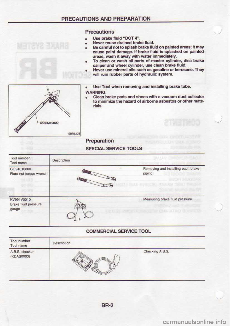 NISSAN SERENA 1993  Service Repair Manual PBECAUTIONS 
AND 
PREPARATION
Pr€cautions
.  Ue 
brak  nuH 
"DoT  4.
.  tl@r 
@e d6ln d bd€ 
nuid.
.  a€6d 
nor ro 3pl..h  b|rtG nuid 
on p.inl6d.|@; 
ll may
ess  p.int 
dd.!F.  b6te fuld 16 6d4