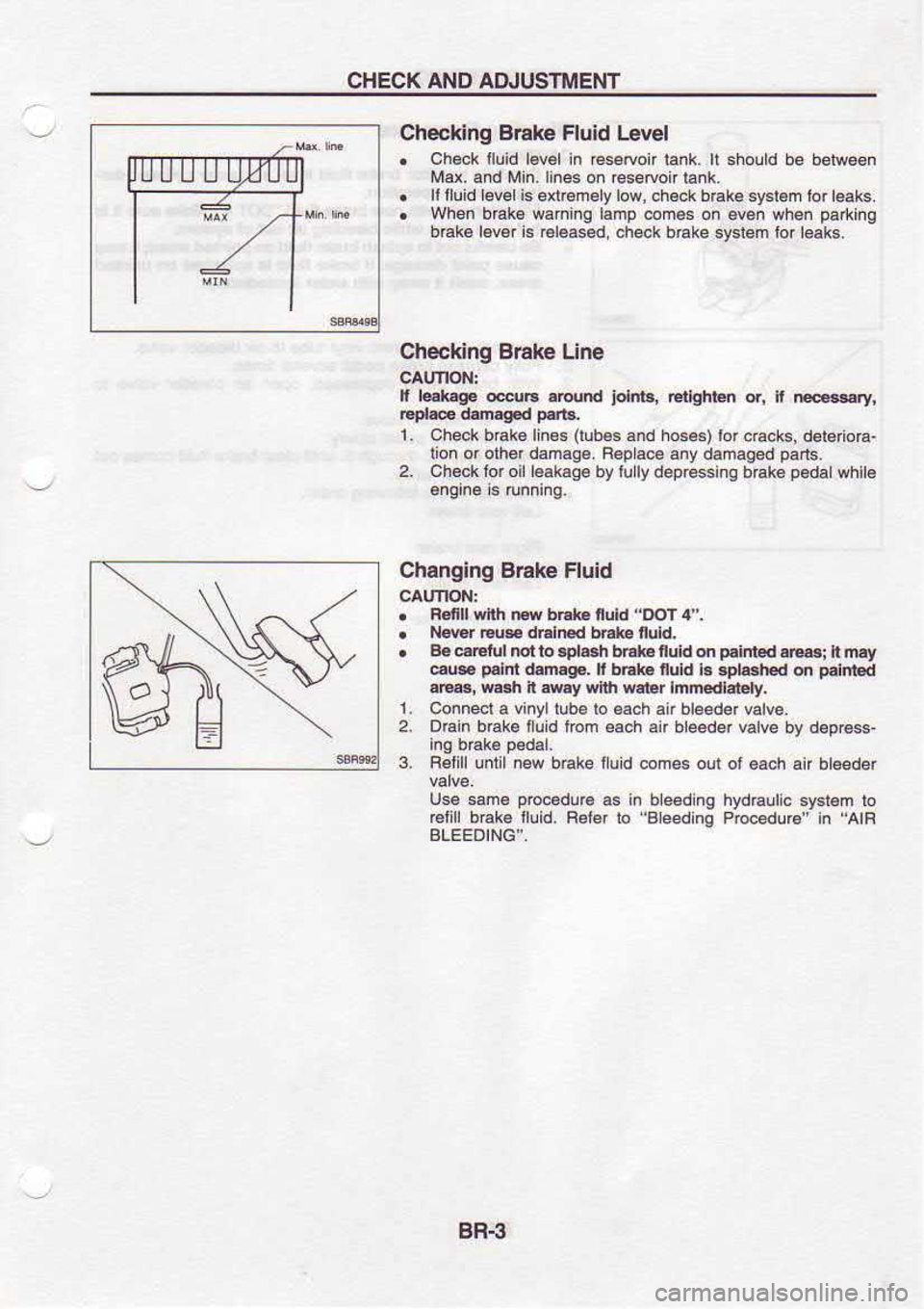 NISSAN SERENA 1993  Service Repair Manual CHECK 
AND AD.IUSTMEI.IT
Checking  B6ke Fluid 
lrvel
.  Ch€ck 
iluid l€v€l  in 
€seruoir  tank. tt sholtd  be belw€6n
Md.  and Min.lines  on resetoon  lank.
.  ll 
tluld  level  is enremely 