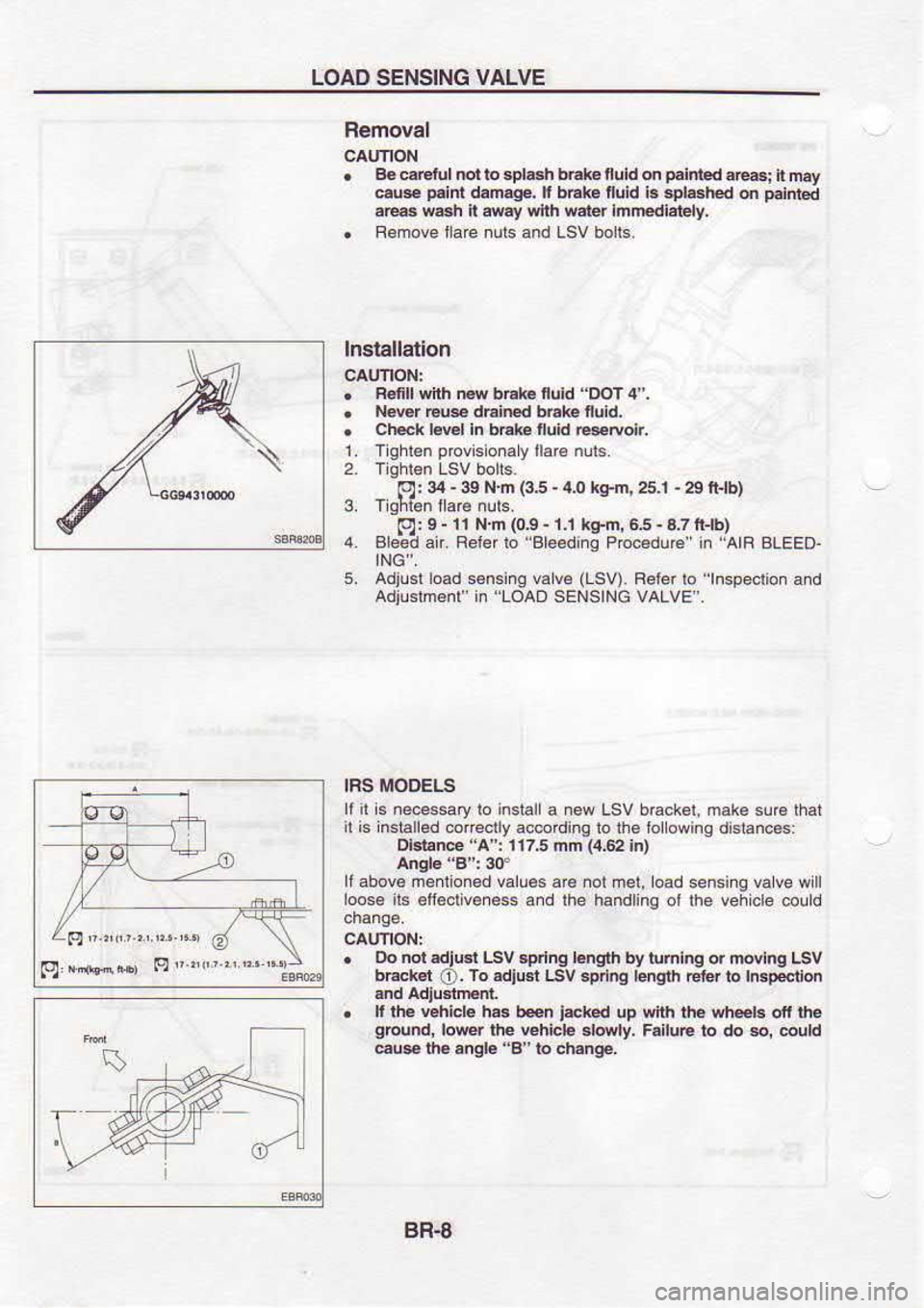 NISSAN SERENA 1993  Service Repair Manual LOAD 
SENSING  VALVE
Bemoval
.  B€ 
eralul  nol lo spl.sh  b..k€ nuid d peinLd 
arca; il mav
eu*  p.inr 
d.n.ge.  I bEke  nuid i.8pl..hed 
d p.lntea
at@  w6h ll away  wnh waler  lnmedlalely,
.  Fe