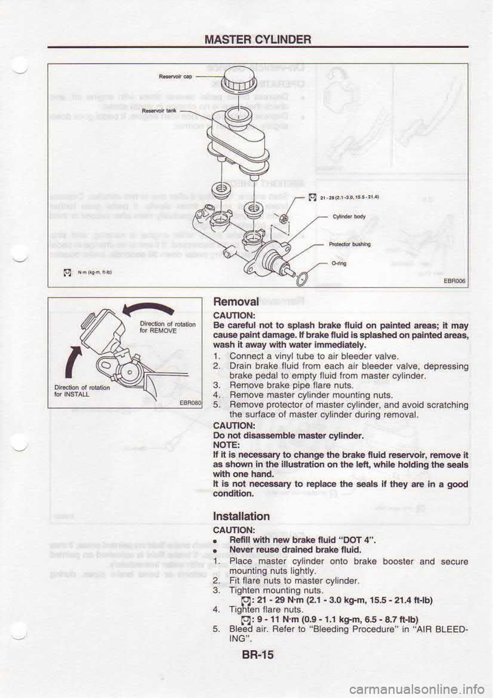 NISSAN SERENA 1993  Service Repair Manual MASTER 
CYLINDER
w
-{
Removal
BG  e€tu|  mt to 
+1..h  bE*€ 
tluid on p.inl€d 
.8.; i mry
e@  p5tn 
d6fiag€,  F br*.  nuH i. atl*h€d  d 
!.lnled  a@3r
m8h  h my  snh wat 
r lmmedlately.
L  