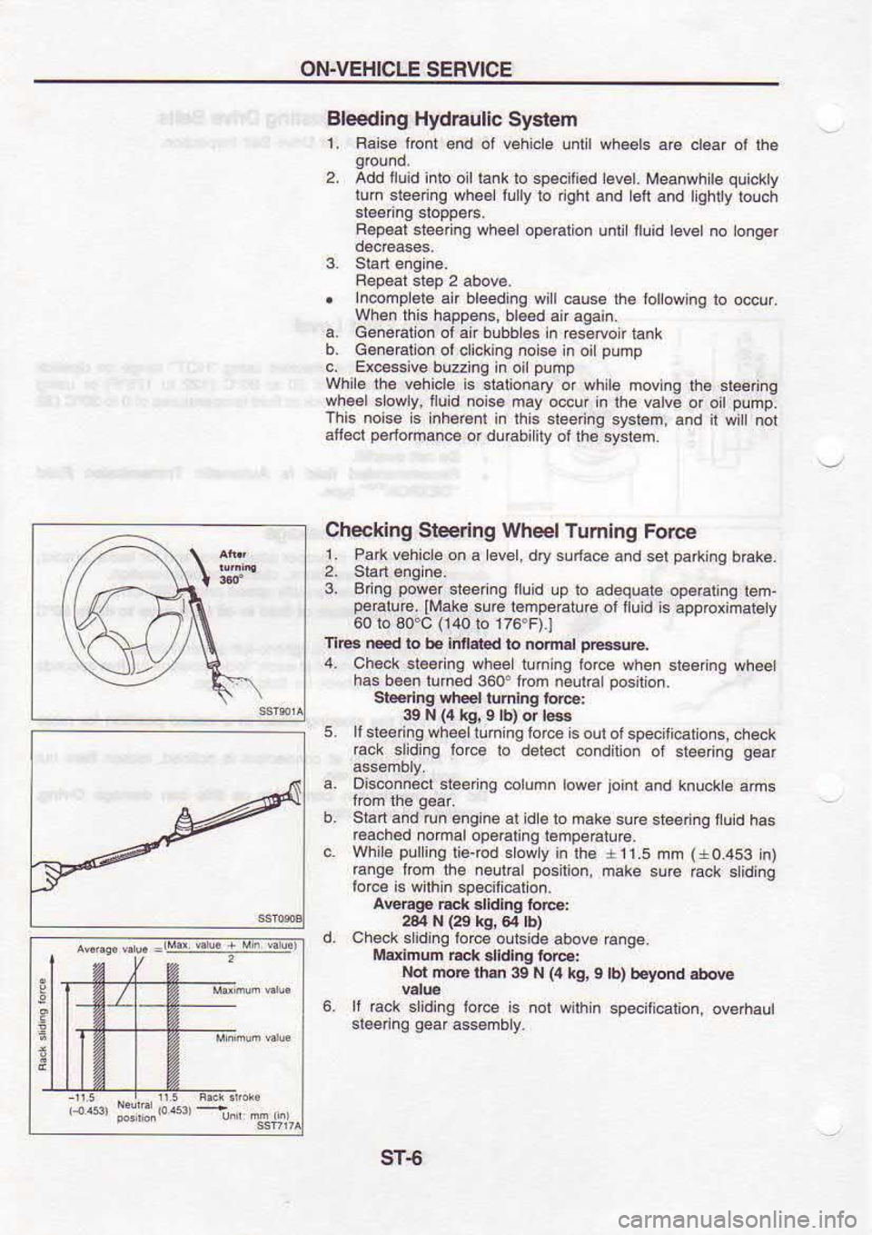 NISSAN SERENA 1993  Service Repair Manual ON.VEHICLE 
SERVICE
Bl€€dlng  Hyd6ulic 
Syslem
L  Baise  iiont 6nd of vehi.le 
lnllwheels  a€ cl6ar  ol 
the
2.  Add  lluid 
inio oilla.klo  specili€d 
evel Meanwhite  quickty
lurn  deenng  wh