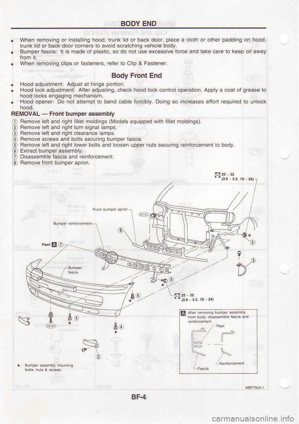 NISSAN SERENA 1993  Service Repair Manual BODY 
END
Whe.  emovinq  or 
insiallino  hood, lrunk lid or back  d@r, 
da@  a 
clorh  or olher  paddi.g 
on hood,
irunk  lid 
or 
back  door 
6h66  lo avoid  *atching  vehicle body.
Bumper  lascia: 
