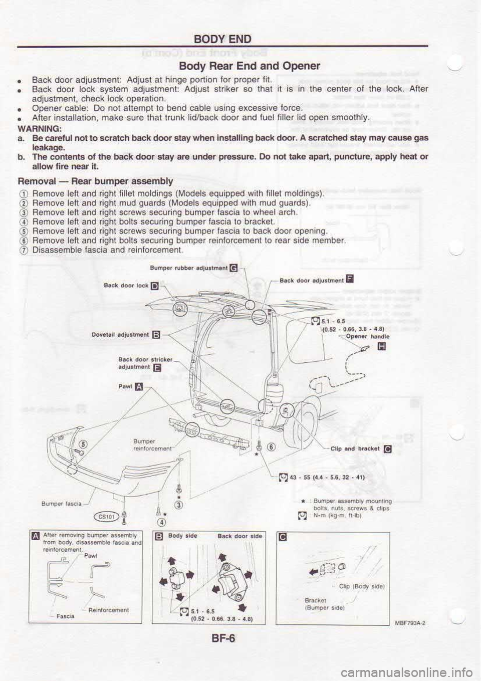NISSAN SERENA 1993  Service Repair Manual BODY 
END
Body  Rear End and Opener
.  BackdooradtustmBnt 
Adjusl al hi.ge  ponon 
forproperlil.
.  Back 
door lo.k st€r6m  adiuslment  Adjusl slfker so ftat  it is  in  lhe  @nler  ol the  l@k. 
Ai