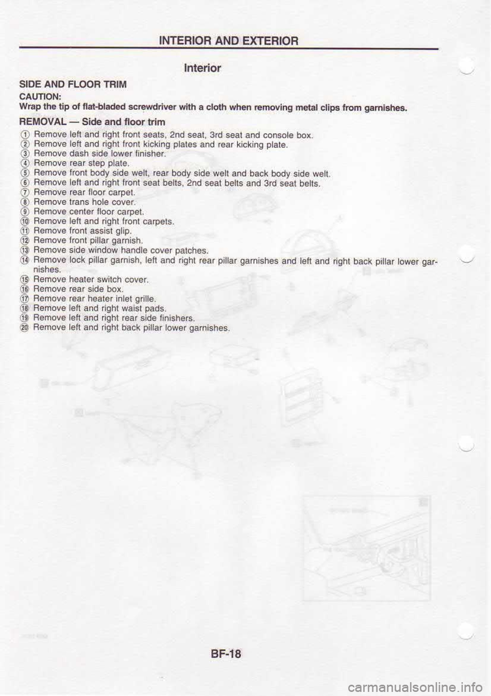 NISSAN SERENA 1993 Service Repair Manual INTERIOR
AND
EKIERIOR
lnterior
SIDE AND FLOOB
TFIM
WEp th. tip ol fgl+l.d€d
ec{drlver sih . cloth wrEn
Etwl.g mlat ctip6 lrcn gMt6t6,
FEiIOVAL -
Slde dd
ioor lrim
O B€move
bnand NISSAN SERENA 1993 Service Repair Manual INTERIOR
AND
EKIERIOR
lnterior
SIDE AND FLOOB
TFIM
WEp th. tip ol fgl+l.d€d
ec{drlver sih . cloth wrEn
Etwl.g mlat ctip6 lrcn gMt6t6,
FEiIOVAL -
Slde dd
ioor lrim
O B€move
bnand