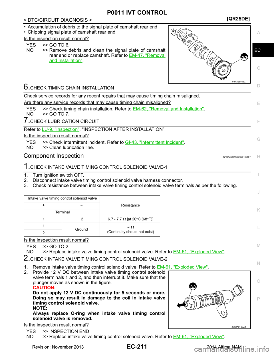 NISSAN TEANA 2014  Service Manual 
P0011 IVT CONTROLEC-211
< DTC/CIRCUIT DIAGNOSIS > [QR25DE]
C 
D E
F
G H
I
J
K L
M A
EC
NP
O
• Accumulation of debris to the signal plate of camshaft rear end 
• Chipping signal plate of camshaft 
