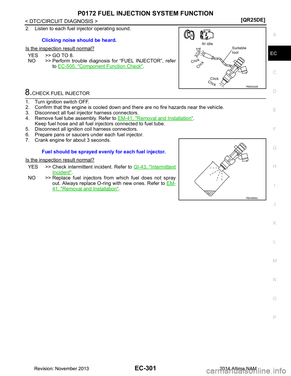 NISSAN TEANA 2014  Service Manual 
P0172 FUEL INJECTION SYSTEM FUNCTIONEC-301
< DTC/CIRCUIT DIAGNOSIS > [QR25DE]
C 
D E
F
G H
I
J
K L
M A
EC
NP
O
2. Listen to each fuel injector operating sound. 
Is the inspection result normal?
YES >