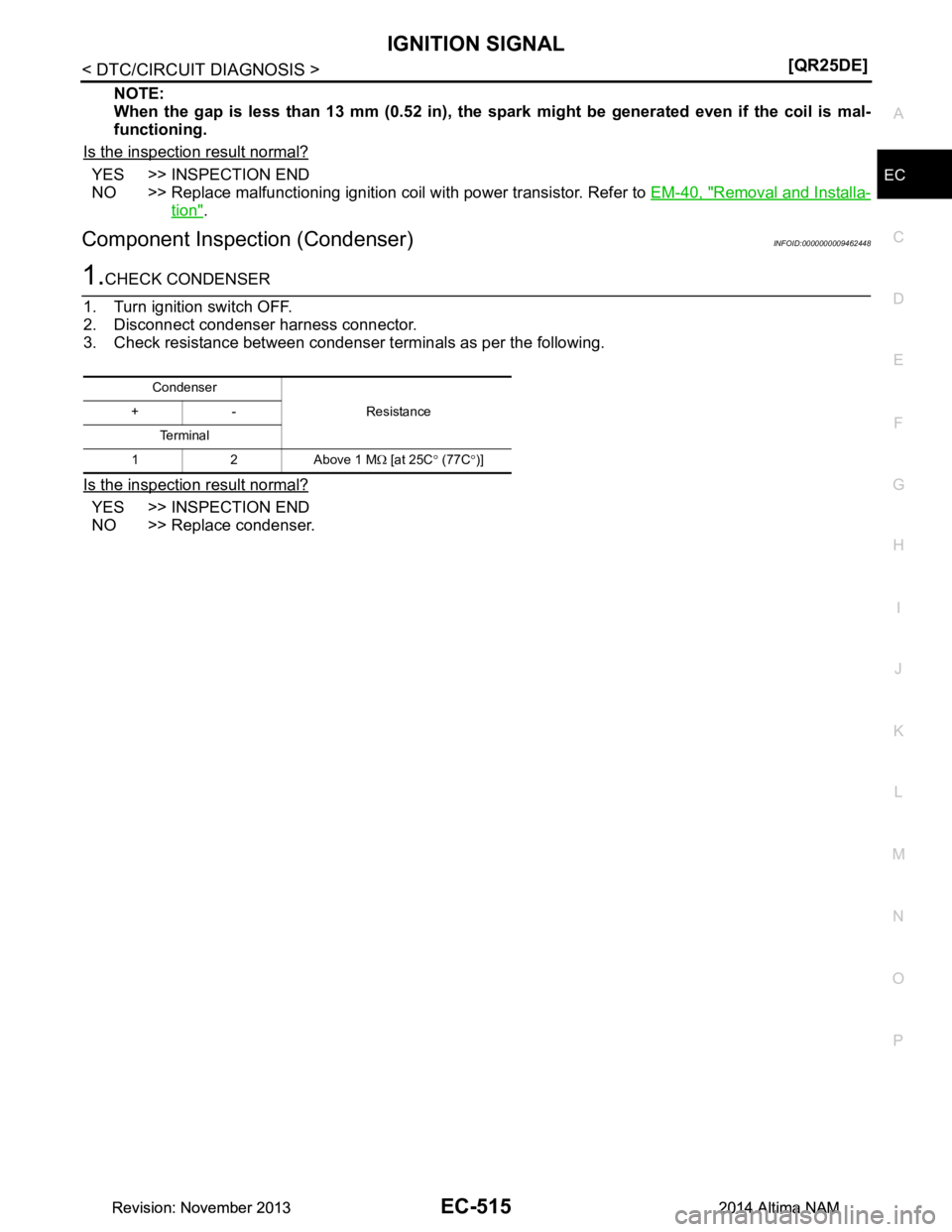 NISSAN TEANA 2014  Service Manual 
IGNITION SIGNALEC-515
< DTC/CIRCUIT DIAGNOSIS > [QR25DE]
C 
D E
F
G H
I
J
K L
M A
EC
NP
O
NOTE: 
When the gap is less than 13 mm (0.52 in), the sp ark might be generated even if the coil is mal-
func