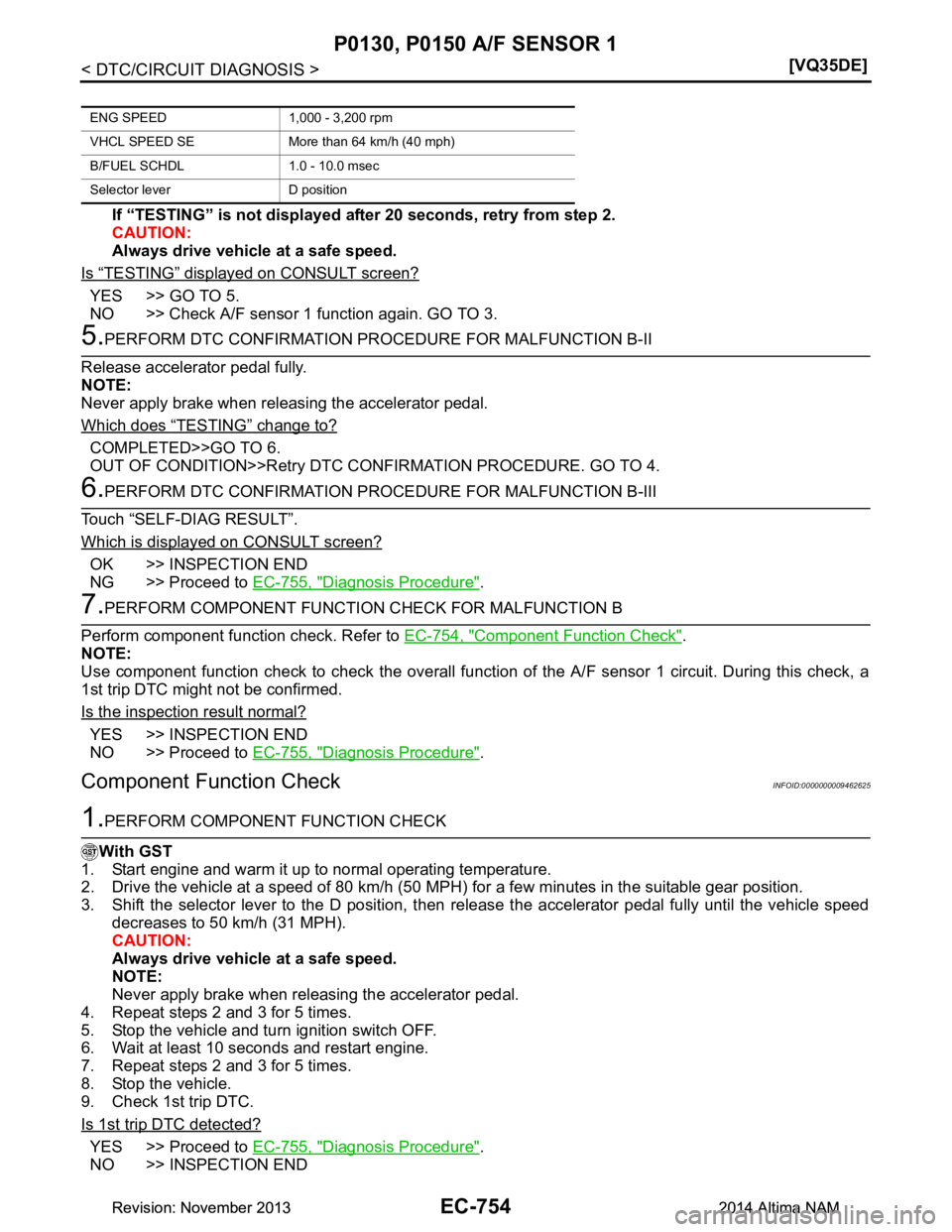 NISSAN TEANA 2014  Service Manual 
EC-754
< DTC/CIRCUIT DIAGNOSIS >[VQ35DE]
P0130, P0150 A/F SENSOR 1
If “TESTING” is not displayed after 20 seconds, retry from step 2. 
CAUTION: 
Always drive vehicle at a safe speed.
Is 
“TESTI