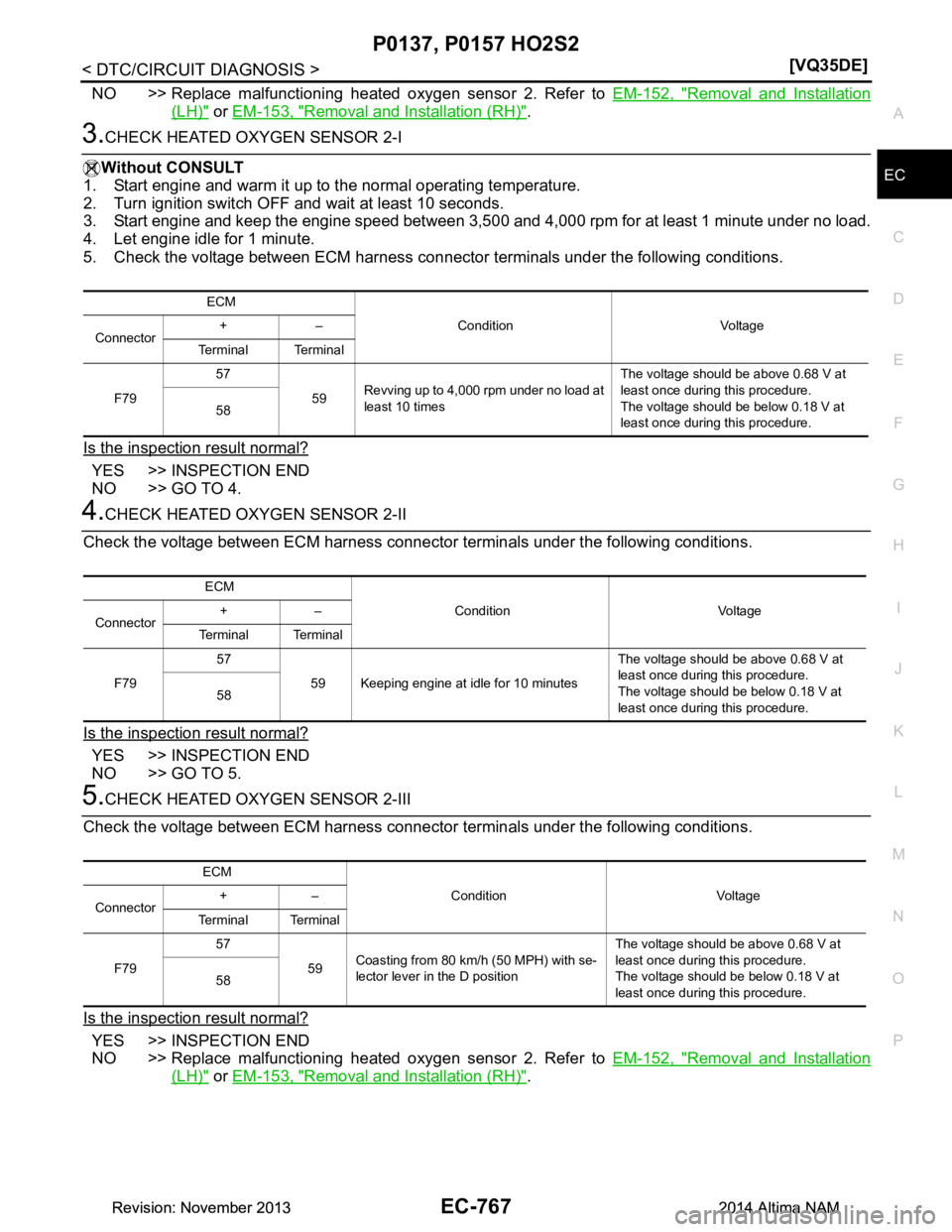 NISSAN TEANA 2014  Service Manual 
P0137, P0157 HO2S2EC-767
< DTC/CIRCUIT DIAGNOSIS > [VQ35DE]
C 
D E
F
G H
I
J
K L
M A
EC
NP
O
NO >> Replace malfunctioning heated oxygen sensor 2. Refer to 
EM-152, "Removal and Installation
(LH)" or 