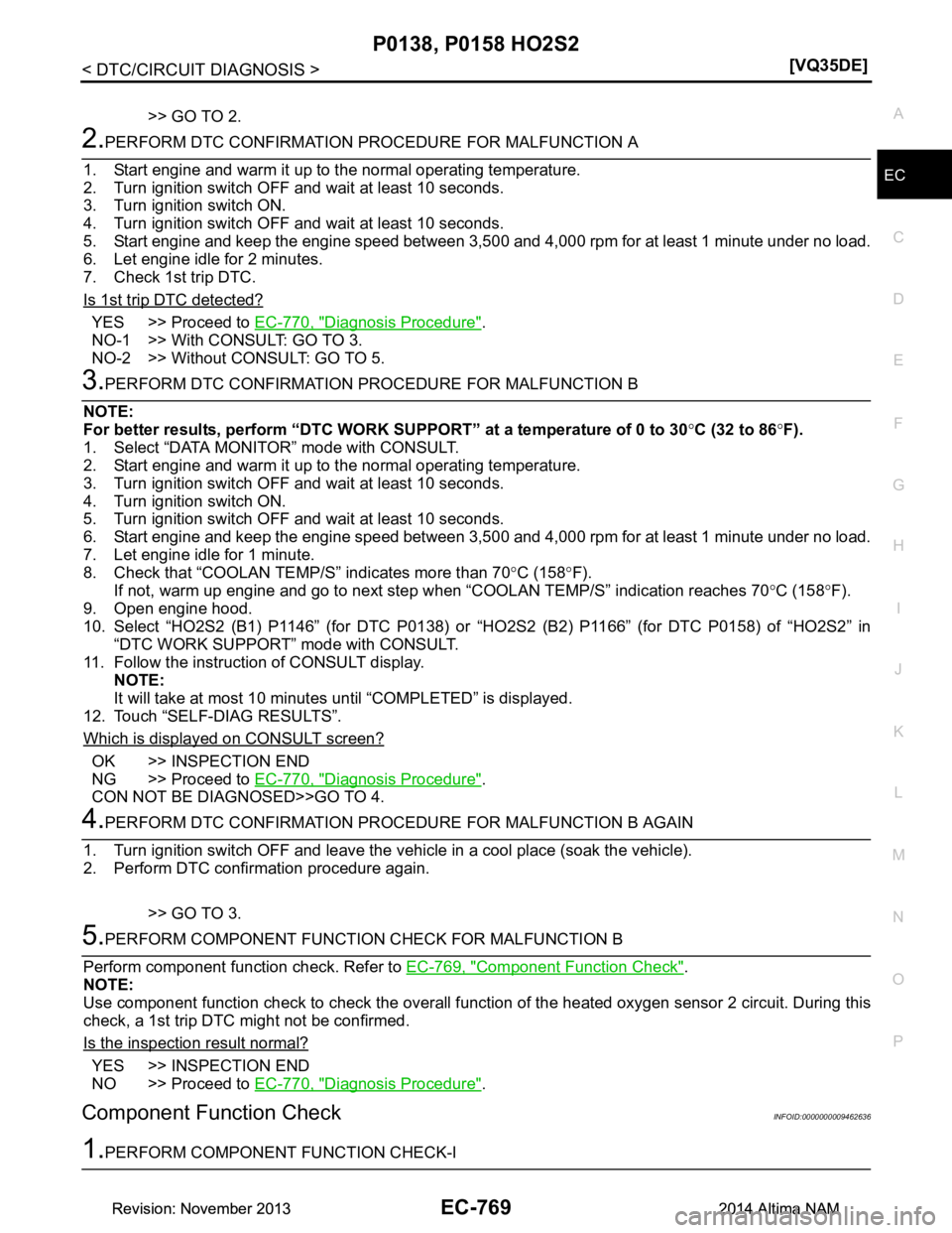 NISSAN TEANA 2014  Service Manual 
P0138, P0158 HO2S2EC-769
< DTC/CIRCUIT DIAGNOSIS > [VQ35DE]
C 
D E
F
G H
I
J
K L
M A
EC
NP
O
>> GO TO 2.
2.PERFORM DTC CONFIRMATION 
PROCEDURE FOR MALFUNCTION A
1. Start engine and warm it up to the 