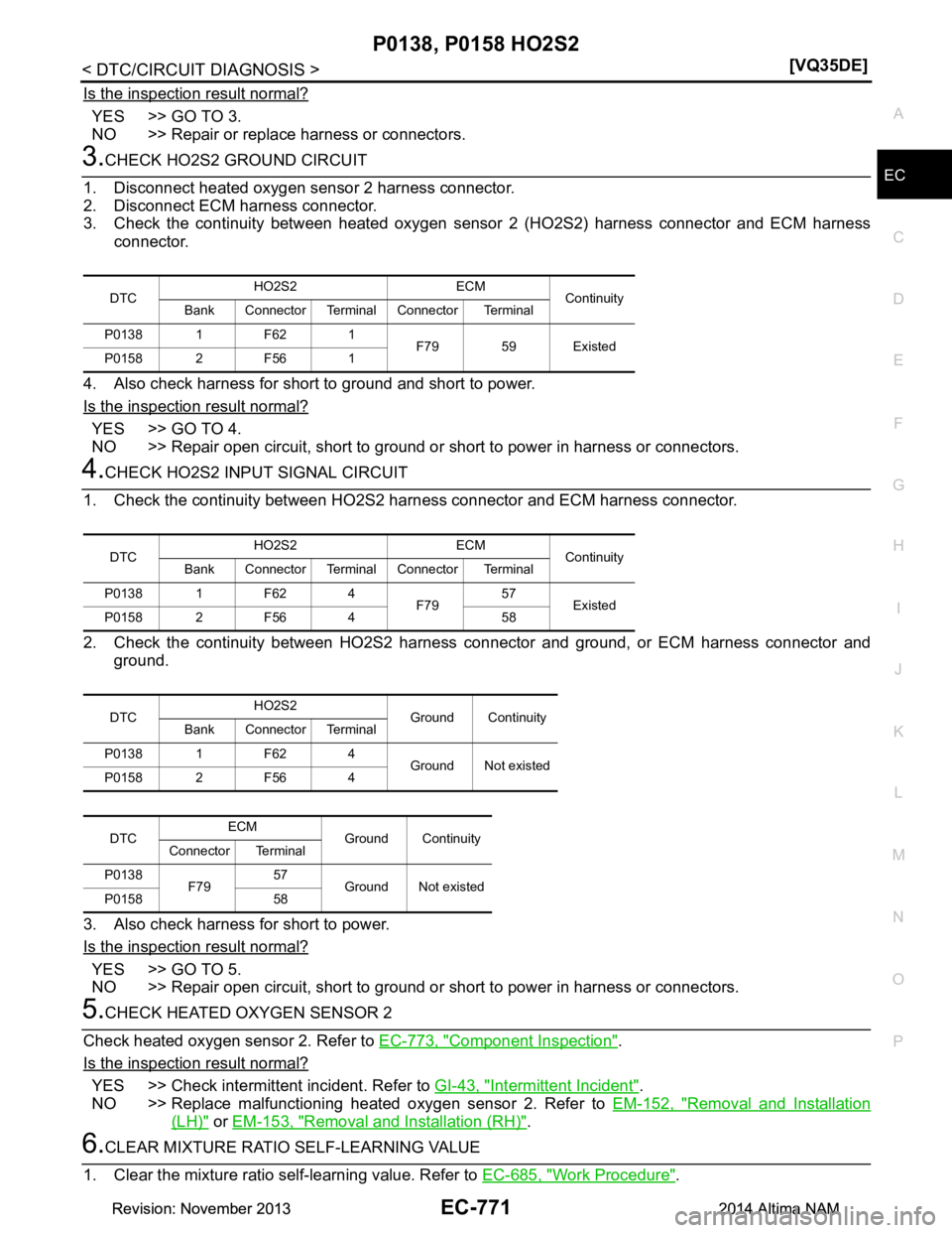 NISSAN TEANA 2014  Service Manual 
P0138, P0158 HO2S2EC-771
< DTC/CIRCUIT DIAGNOSIS > [VQ35DE]
C 
D E
F
G H
I
J
K L
M A
EC
NP
O
Is the inspection result normal?
YES >> GO TO 3. 
NO >> Repair or replace harness or connectors.
3.CHECK H
