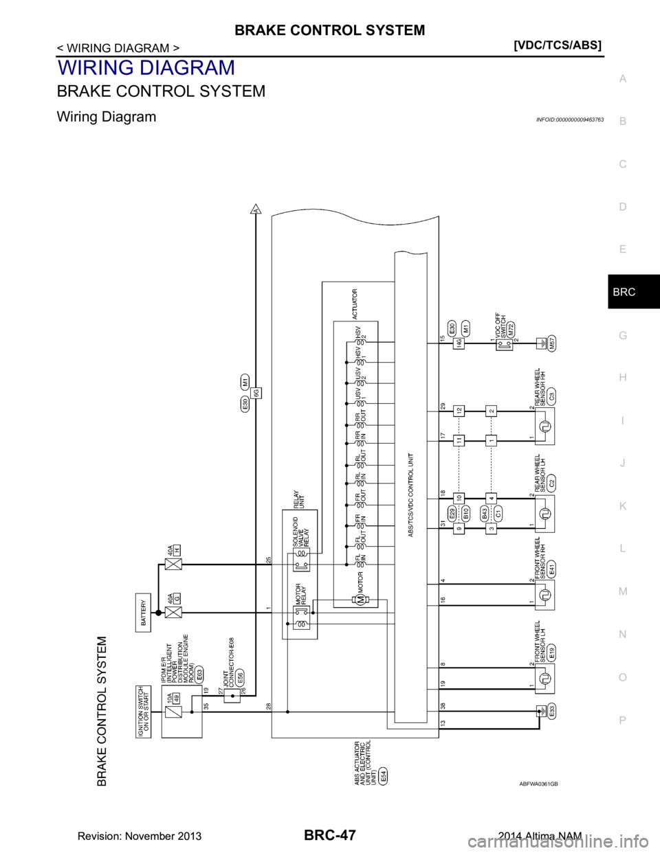 NISSAN TEANA 2014  Service Manual 
BRAKE CONTROL SYSTEMBRC-47
< WIRING DIAGRAM > [VDC/TCS/ABS]
C 
D E
G H
I
J
K L
M A 
B
BRC
N
O P
WIRING DIAGRAM
BRAKE CONTROL SYSTEM
Wiring DiagramINFOID:0000000009463763
ABFWA0361GB
Revision: Novembe