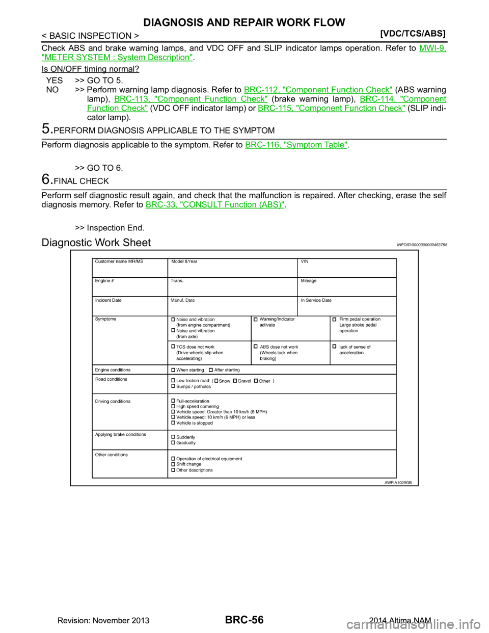 NISSAN TEANA 2014  Service Manual 
BRC-56
< BASIC INSPECTION >[VDC/TCS/ABS]
DIAGNOSIS AND REPAIR WORK FLOW
Check ABS and brake warning lamps, and VDC OFF and SLIP indicator lamps operation. Refer to 
MWI-9,
"METER SYSTEM : System Desc