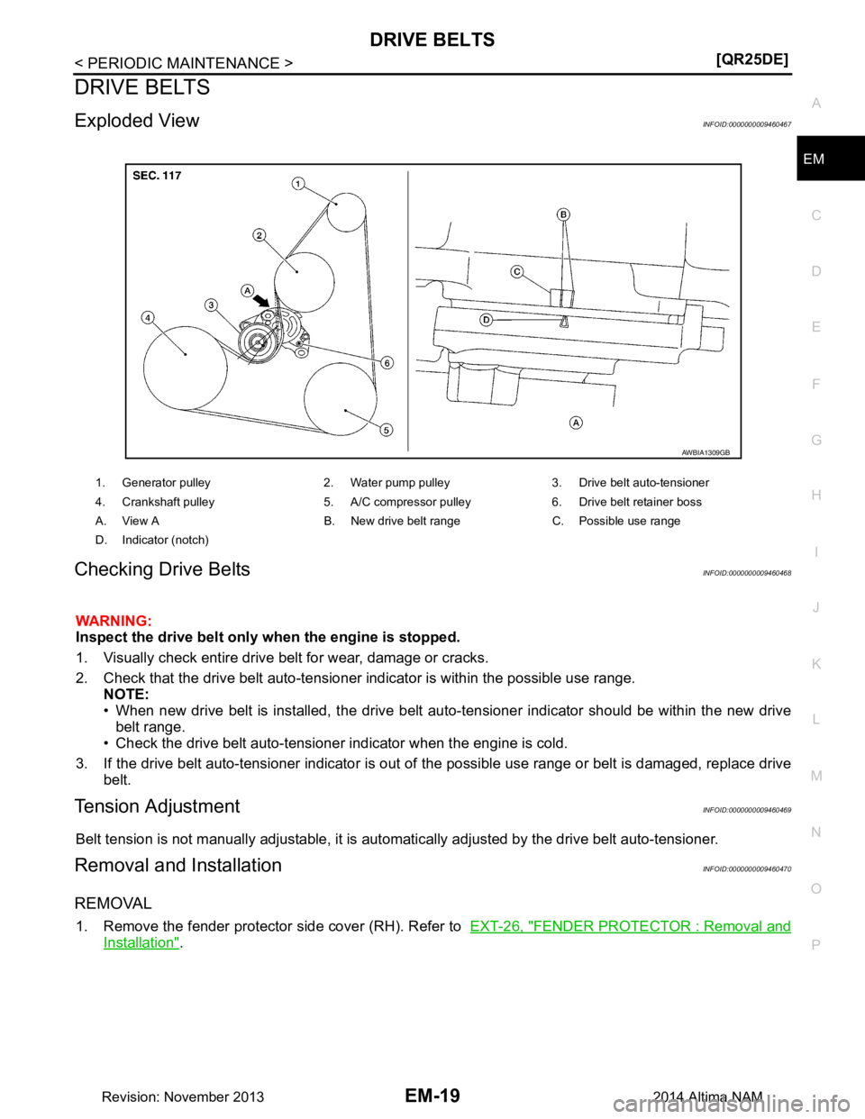 NISSAN TEANA 2014  Service Manual 
DRIVE BELTSEM-19
< PERIODIC MAINTENANCE > [QR25DE]
C 
D E
F
G H
I
J
K L
M A
EM
NP
O
DRIVE BELTS
Exploded ViewINFOID:0000000009460467
Checking Drive BeltsINFOID:0000000009460468
WARNING: 
Inspect the 