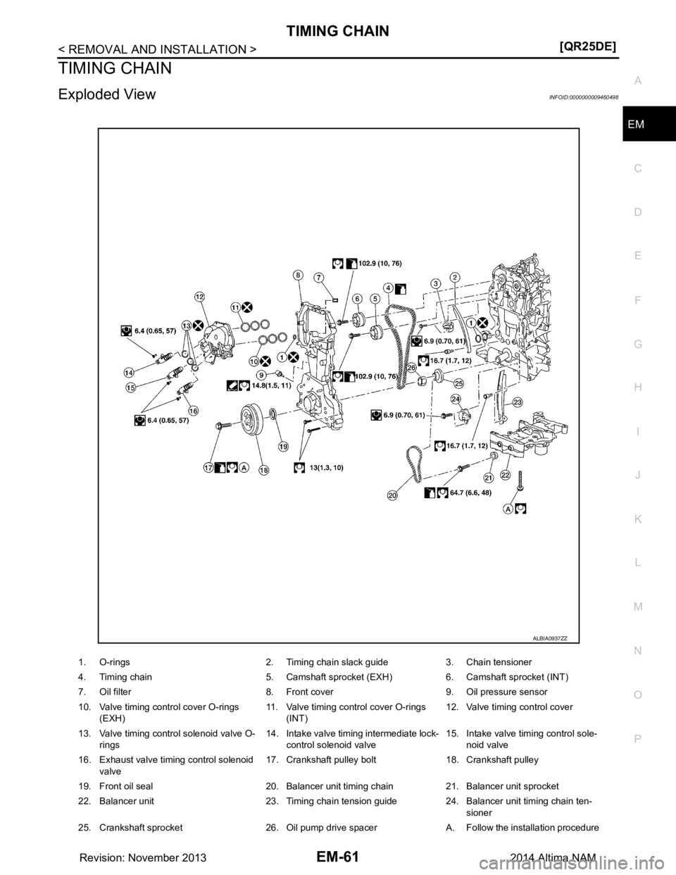 NISSAN TEANA 2014  Service Manual 
TIMING CHAINEM-61
< REMOVAL AND INSTALLATION > [QR25DE]
C 
D E
F
G H
I
J
K L
M A
EM
NP
O
TIMING CHAIN
Exploded ViewINFOID:0000000009460498
1. O-rings 2. Timing chain slack guide 3. Chain tensioner 
4