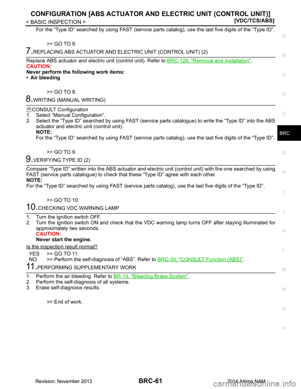 NISSAN TEANA 2014  Service Manual 
CONFIGURATION [ABS ACTUATOR AND ELECTRIC UNIT (CONTROL UNIT)]
BRC-61
< BASIC INSPECTION > [VDC/TCS/ABS]
C 
D E
G H
I
J
K L
M A 
B
BRC
N
O P
For the “Type ID” searched by using FAST (service parts