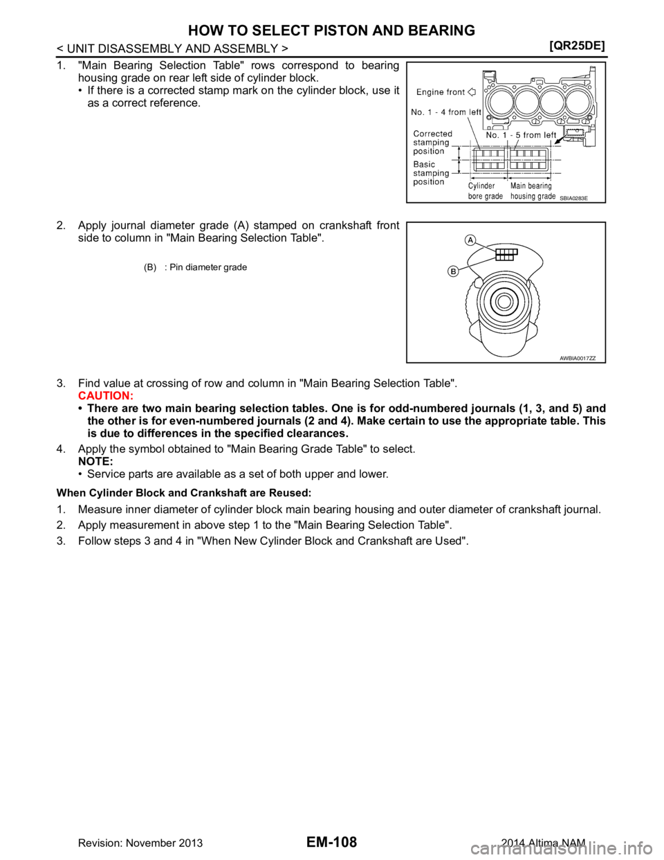 NISSAN TEANA 2014  Service Manual 
EM-108
< UNIT DISASSEMBLY AND ASSEMBLY >[QR25DE]
HOW TO SELECT PISTON AND BEARING
1. "Main Bearing Selection Table" rows correspond to bearing
housing grade on rear left side of cylinder block. 
• 