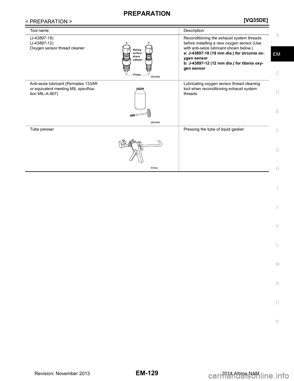 NISSAN TEANA 2014  Service Manual 
PREPARATIONEM-129
< PREPARATION > [VQ35DE]
C 
D E
F
G H
I
J
K L
M A
EM
NP
O
(J-43897-18) 
(J-43897-12) 
Oxygen sensor thread cleaner Reconditioning the exhaust system threads  
before installing a ne