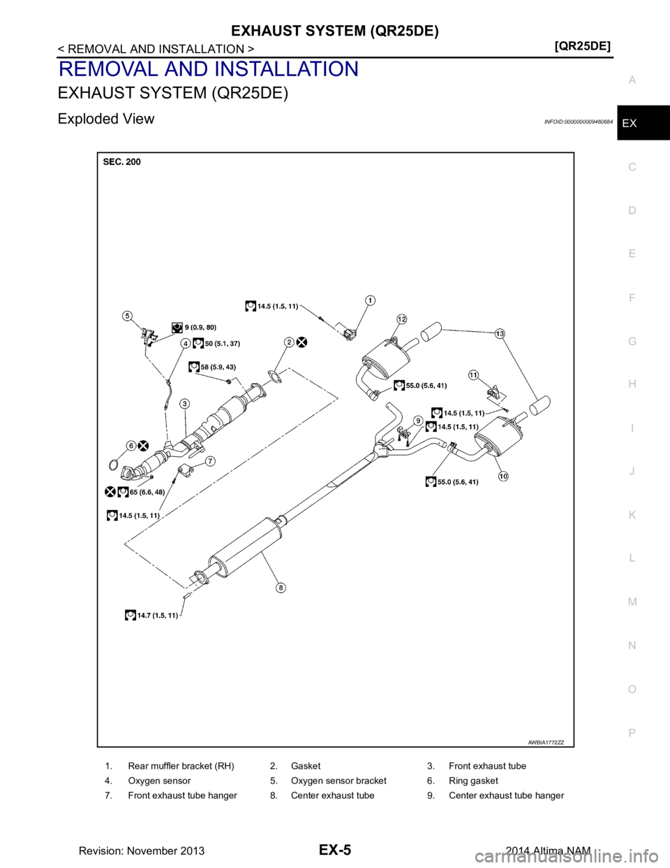 NISSAN TEANA 2014  Service Manual 
EXHAUST SYSTEM (QR25DE)EX-5
< REMOVAL AND INSTALLATION > [QR25DE]
C 
D E
F
G H
I
J
K L
M A
EX
NP
O
REMOVAL AND INSTALLATION
EXHAUST SYSTEM (QR25DE)
Exploded ViewINFOID:0000000009460684
1. Rear muffle