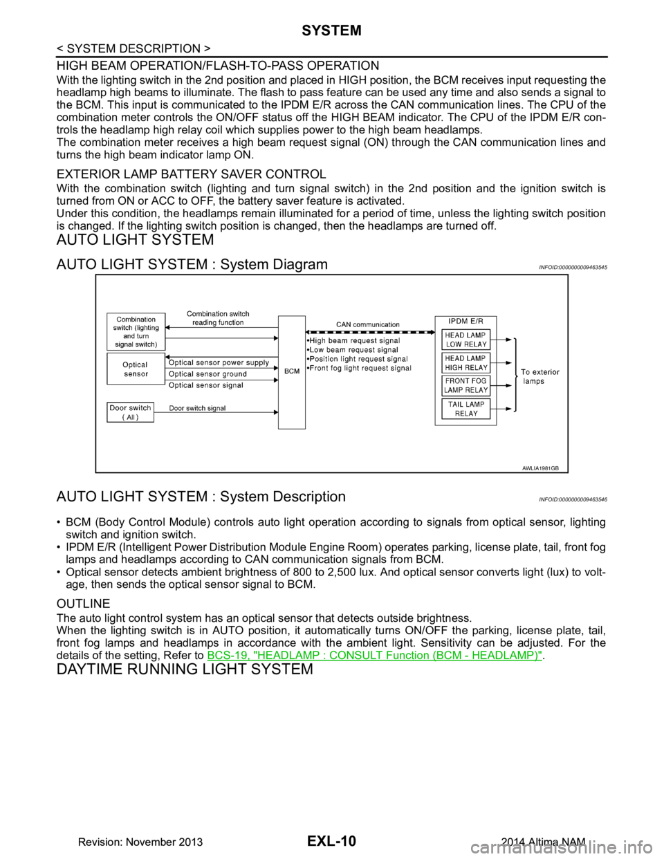 NISSAN TEANA 2014 Service Manual
EXL-10
< SYSTEM DESCRIPTION >
SYSTEM
HIGH BEAM OPERATION/FLASH-TO-PASS OPERATION
With the lighting switch in the 2nd position and placed in HIGH position, the BCM receives input requesting the
headla NISSAN TEANA 2014 Service Manual
EXL-10
< SYSTEM DESCRIPTION >
SYSTEM
HIGH BEAM OPERATION/FLASH-TO-PASS OPERATION
With the lighting switch in the 2nd position and placed in HIGH position, the BCM receives input requesting the
headla