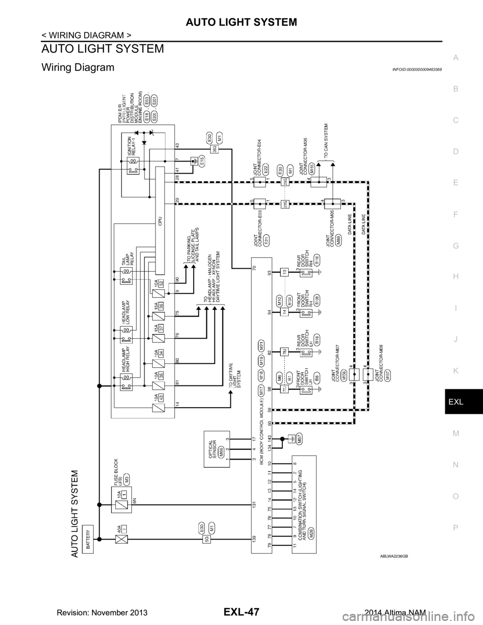 NISSAN TEANA 2014 Service Manual
AUTO LIGHT SYSTEMEXL-47
< WIRING DIAGRAM >
C
D E
F
G H
I
J
K
M A
B
EXL
N
O P
AUTO LIGHT SYSTEM
Wiring Diagram INFOID:0000000009463568
ABLWA2236GB
Revision: November 20132014 Altima NAMRevision: Nov NISSAN TEANA 2014 Service Manual
AUTO LIGHT SYSTEMEXL-47
< WIRING DIAGRAM >
C
D E
F
G H
I
J
K
M A
B
EXL
N
O P
AUTO LIGHT SYSTEM
Wiring Diagram INFOID:0000000009463568
ABLWA2236GB
Revision: November 20132014 Altima NAMRevision: Nov