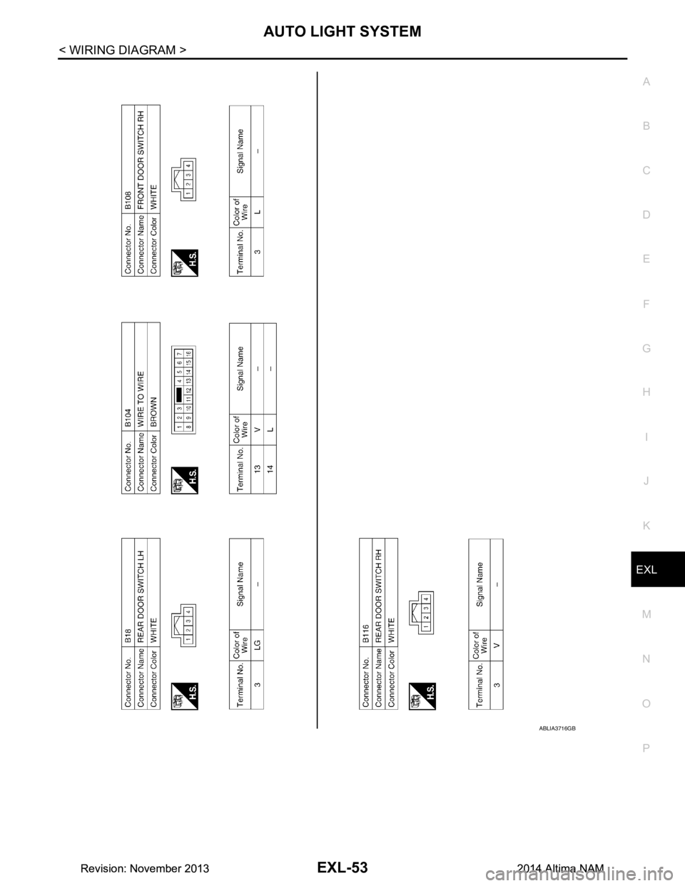 NISSAN TEANA 2014 Service Manual
AUTO LIGHT SYSTEMEXL-53
< WIRING DIAGRAM >
C
D E
F
G H
I
J
K
M A
B
EXL
N
O P
ABLIA3716GB
Revision: November 20132014 Altima NAMRevision: November 20132014 Altima NAM NISSAN TEANA 2014 Service Manual
AUTO LIGHT SYSTEMEXL-53
< WIRING DIAGRAM >
C
D E
F
G H
I
J
K
M A
B
EXL
N
O P
ABLIA3716GB
Revision: November 20132014 Altima NAMRevision: November 20132014 Altima NAM