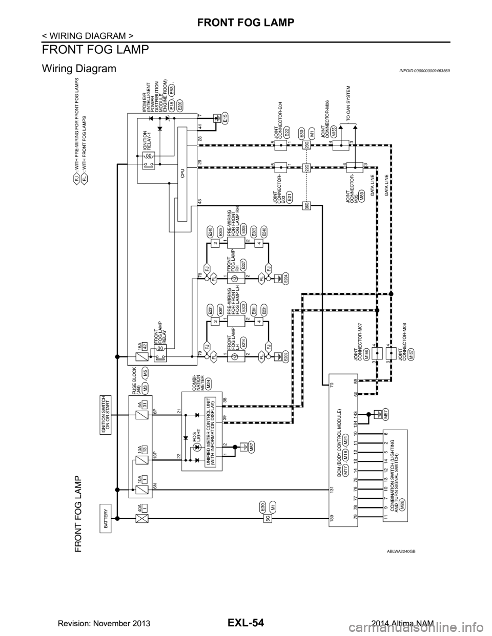 NISSAN TEANA 2014 Service Manual
EXL-54
< WIRING DIAGRAM >
FRONT FOG LAMP
FRONT FOG LAMP
Wiring Diagram INFOID:0000000009463569
ABLWA2240GB
Revision: November 20132014 Altima NAMRevision: November 20132014 Altima NAM NISSAN TEANA 2014 Service Manual
EXL-54
< WIRING DIAGRAM >
FRONT FOG LAMP
FRONT FOG LAMP
Wiring Diagram INFOID:0000000009463569
ABLWA2240GB
Revision: November 20132014 Altima NAMRevision: November 20132014 Altima NAM