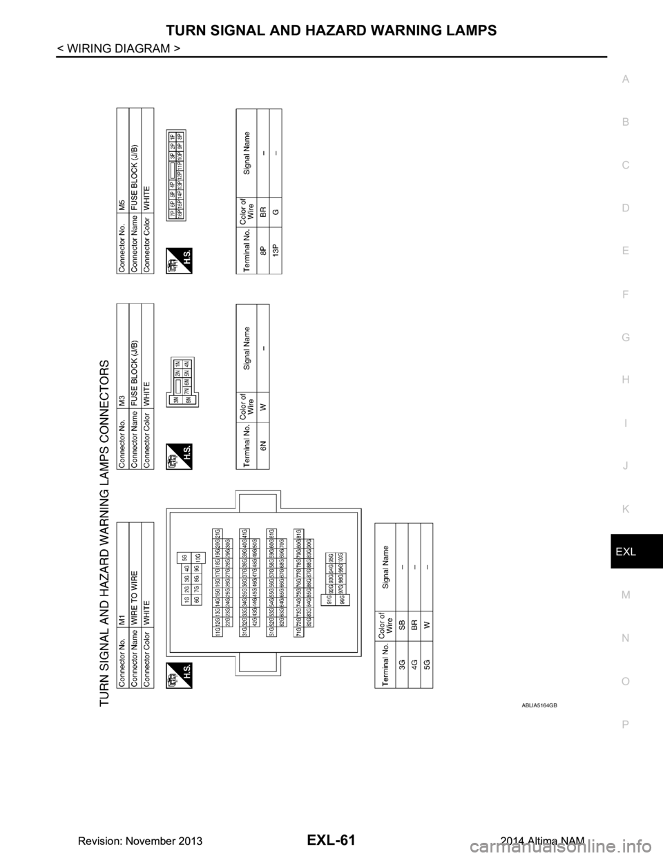 NISSAN TEANA 2014 Service Manual
TURN SIGNAL AND HAZARD WARNING LAMPSEXL-61
< WIRING DIAGRAM >
C
D E
F
G H
I
J
K
M A
B
EXL
N
O P
ABLIA5164GB
Revision: November 20132014 Altima NAMRevision: November 20132014 Altima NAM NISSAN TEANA 2014 Service Manual
TURN SIGNAL AND HAZARD WARNING LAMPSEXL-61
< WIRING DIAGRAM >
C
D E
F
G H
I
J
K
M A
B
EXL
N
O P
ABLIA5164GB
Revision: November 20132014 Altima NAMRevision: November 20132014 Altima NAM
