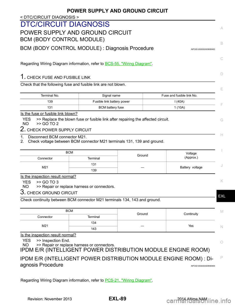NISSAN TEANA 2014  Service Manual 
POWER SUPPLY AND GROUND CIRCUITEXL-89
< DTC/CIRCUIT DIAGNOSIS >
C 
D E
F
G H
I
J
K
M A 
B
EXL
N
O P
DTC/CIRCUIT DIAGNOSIS
POWER SUPPLY AND GROUND CIRCUIT
BCM (BODY CONTROL MODULE)
BCM (BODY CONTROL M