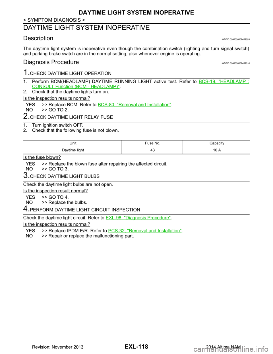 NISSAN TEANA 2014  Service Manual 
EXL-118
< SYMPTOM DIAGNOSIS >
DAYTIME LIGHT SYSTEM INOPERATIVE
DAYTIME LIGHT SYSTEM INOPERATIVE
DescriptionINFOID:0000000009463609
The daytime light system is inoperative even though the combination 