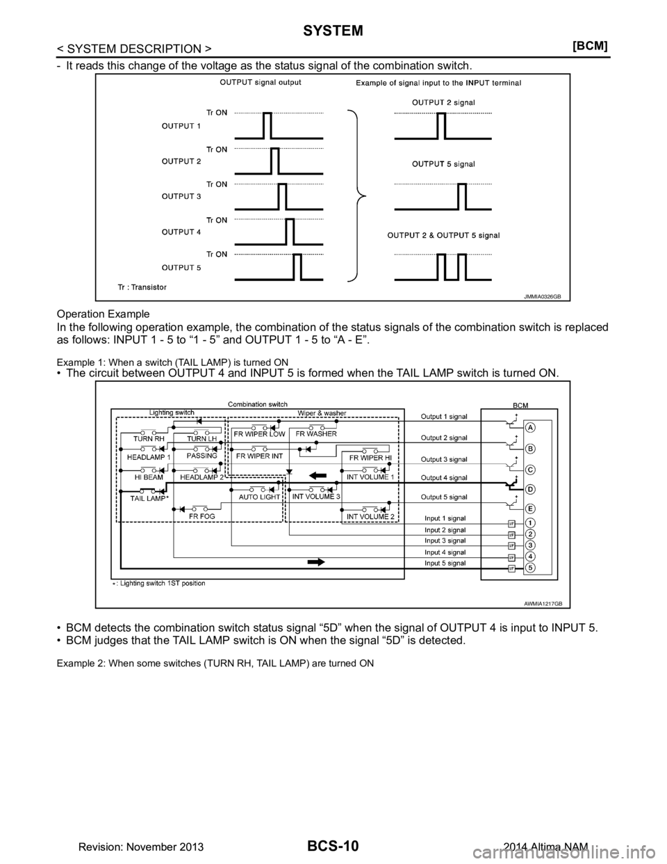 NISSAN TEANA 2014 Owners Manual 
BCS-10
< SYSTEM DESCRIPTION >[BCM]
SYSTEM
- It reads this change of the voltage as the 
status signal of the combination switch.
Operation Example
In the following operation example, the combination 