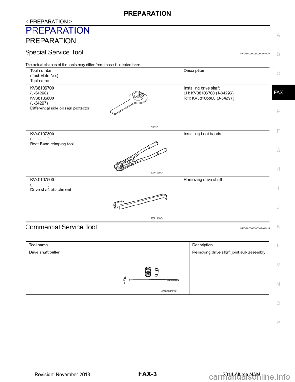 NISSAN TEANA 2014  Service Manual 
PREPARATIONFAX-3
< PREPARATION >
CEF
G H
I
J
K L
M A 
B
FA X
N
O P
PREPARATION
PREPARATION
Special Service ToolINFOID:0000000009464434
The actual shapes of the tools may differ from those illustrated