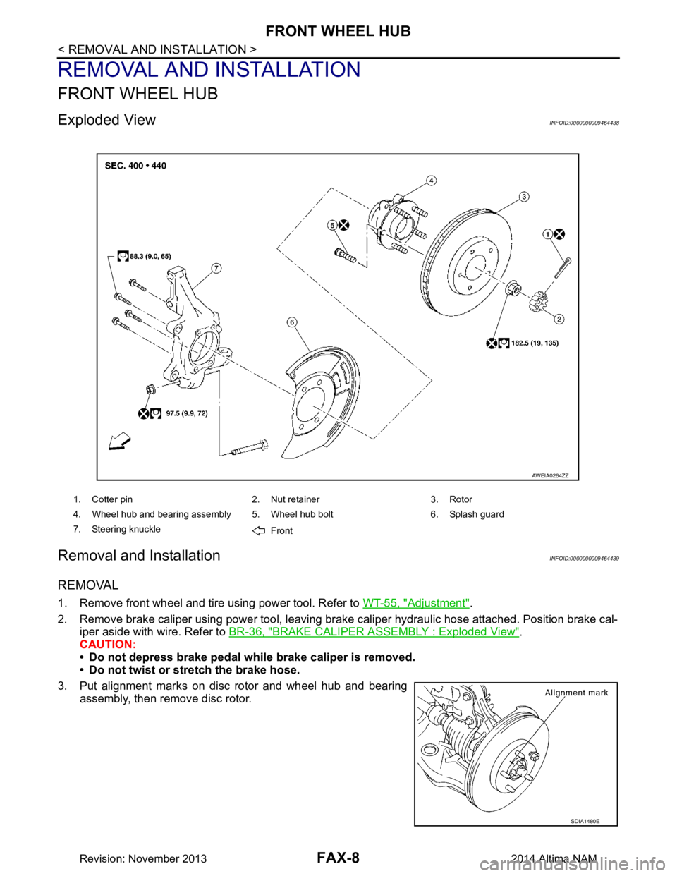 NISSAN TEANA 2014  Service Manual 
FAX-8
< REMOVAL AND INSTALLATION >
FRONT WHEEL HUB
REMOVAL AND INSTALLATION
FRONT WHEEL HUB
Exploded ViewINFOID:0000000009464438
Removal and InstallationINFOID:0000000009464439
REMOVAL
1. Remove fron
