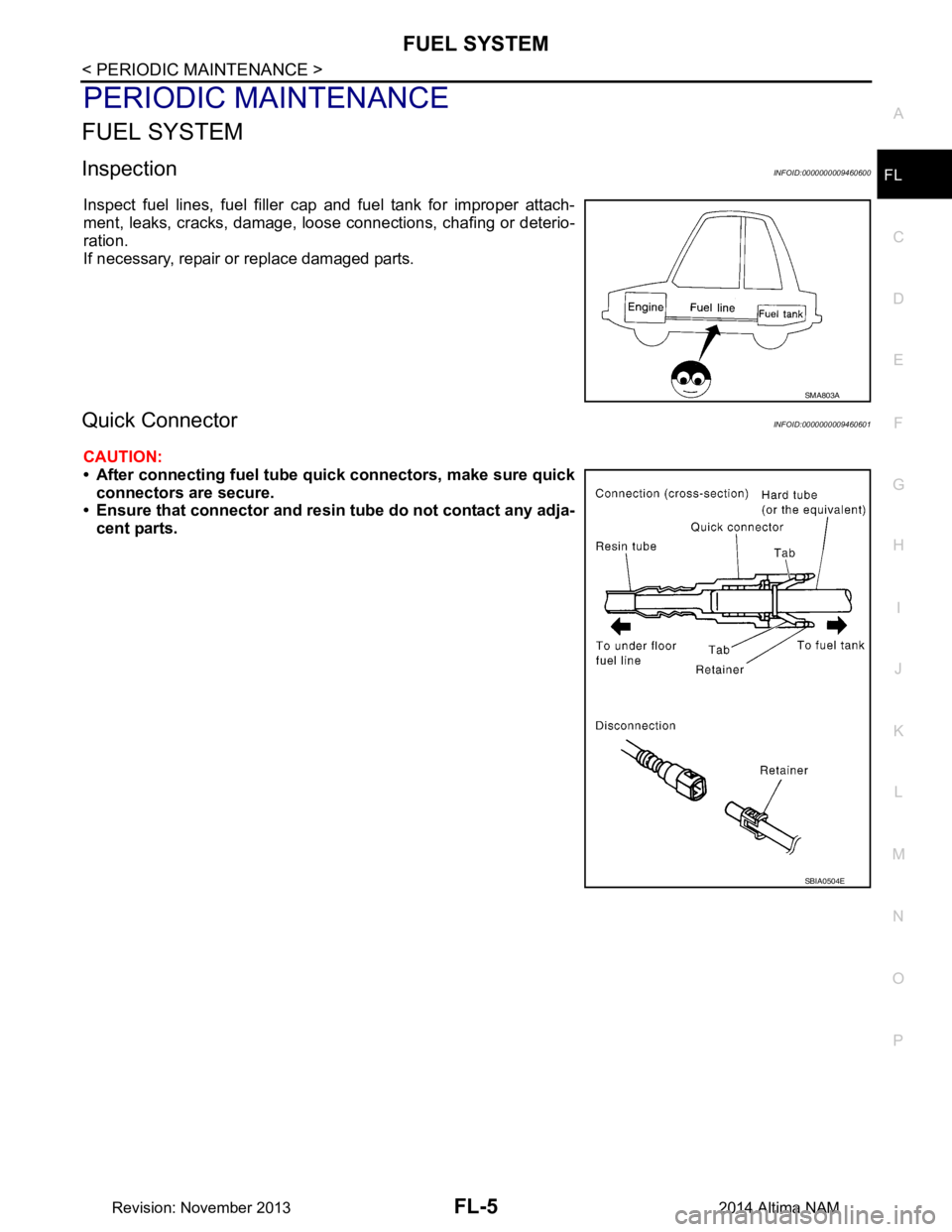 NISSAN TEANA 2014 Service Manual
FUEL SYSTEMFL-5
< PERIODIC MAINTENANCE >
C
D E
F
G H
I
J
K L
M A
FL
NP
O
PERIODIC MAINTENANCE
FUEL SYSTEM
InspectionINFOID:0000000009460600
Inspect fuel lines, fuel filler cap and fuel tank for impr NISSAN TEANA 2014 Service Manual
FUEL SYSTEMFL-5
< PERIODIC MAINTENANCE >
C
D E
F
G H
I
J
K L
M A
FL
NP
O
PERIODIC MAINTENANCE
FUEL SYSTEM
InspectionINFOID:0000000009460600
Inspect fuel lines, fuel filler cap and fuel tank for impr