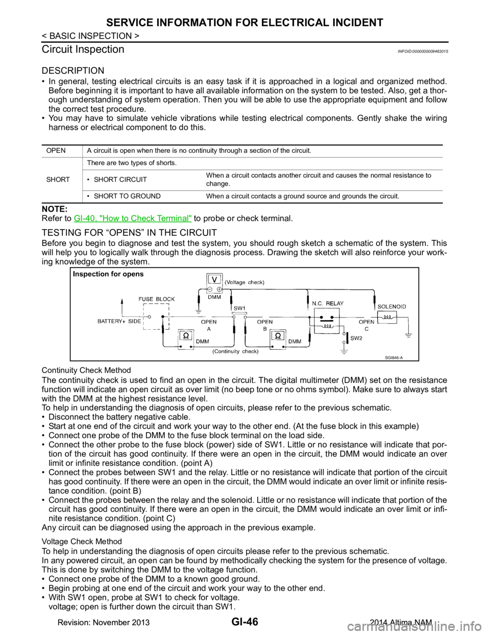 NISSAN TEANA 2014  Service Manual 
GI-46
< BASIC INSPECTION >
SERVICE INFORMATION FOR ELECTRICAL INCIDENT
Circuit Inspection
INFOID:0000000009463015
DESCRIPTION 
• In general, testing electrical circuits is an easy ta sk if it is ap