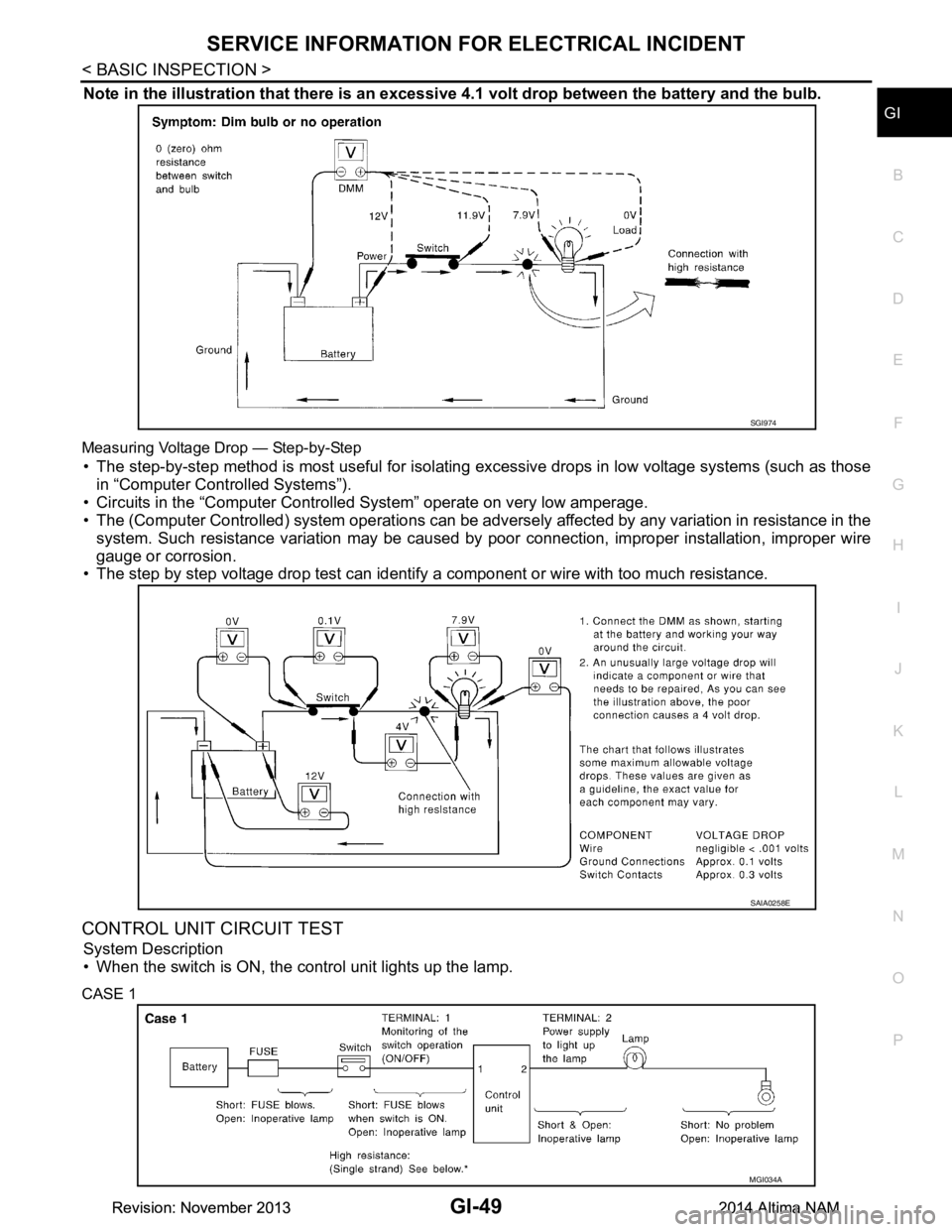 NISSAN TEANA 2014  Service Manual 
SERVICE INFORMATION FOR ELECTRICAL INCIDENTGI-49
< BASIC INSPECTION >
C 
D E
F
G H
I
J
K L
M B
GI
N
O P
Note in the illustration that there is an excessi ve 4.1 volt drop between the battery and the 