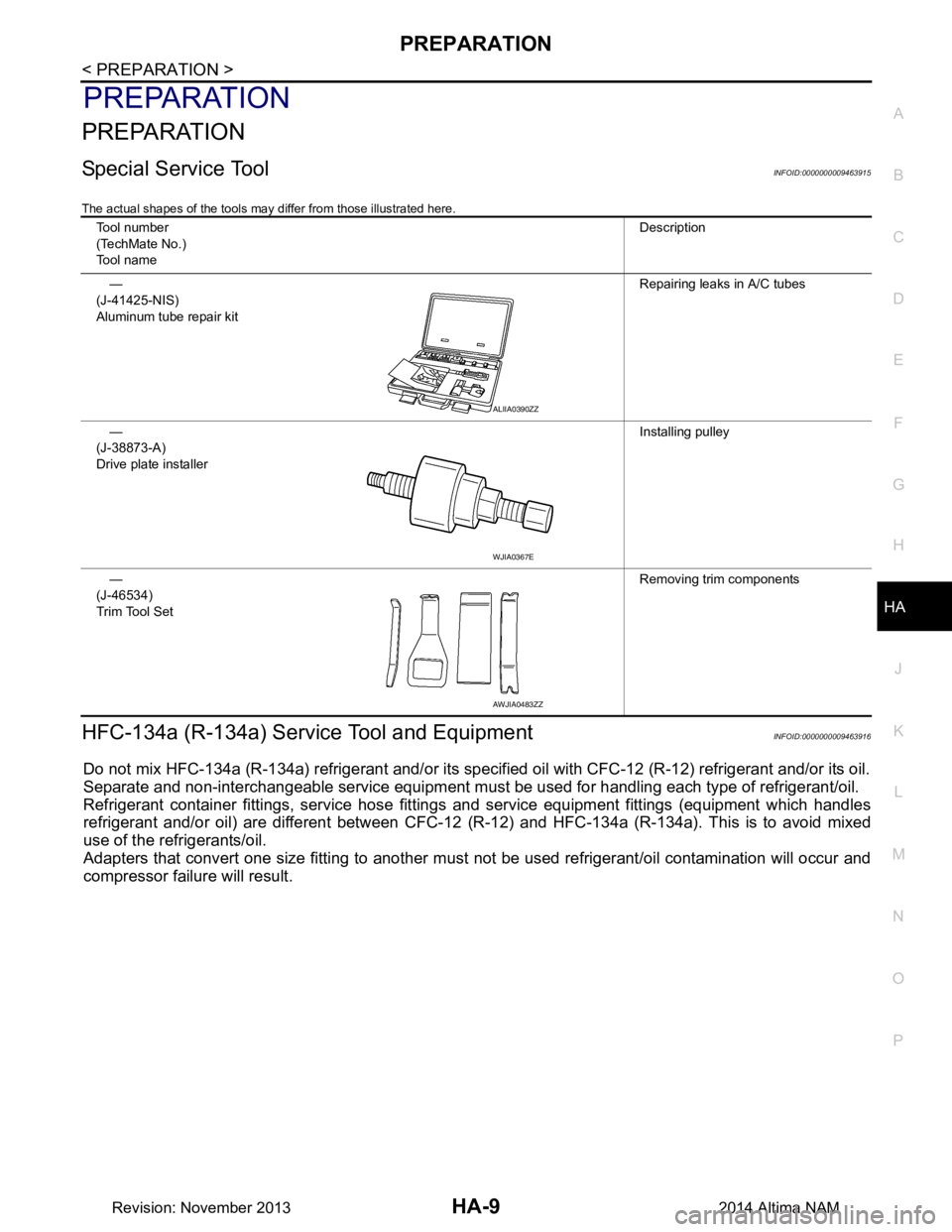 NISSAN TEANA 2014  Service Manual 
PREPARATIONHA-9
< PREPARATION >
C 
D E
F
G H
J
K L
M A 
B
HA
N
O P
PREPARATION
PREPARATION
Special Service ToolINFOID:0000000009463915
The actual shapes of the tools may differ from those illustrated